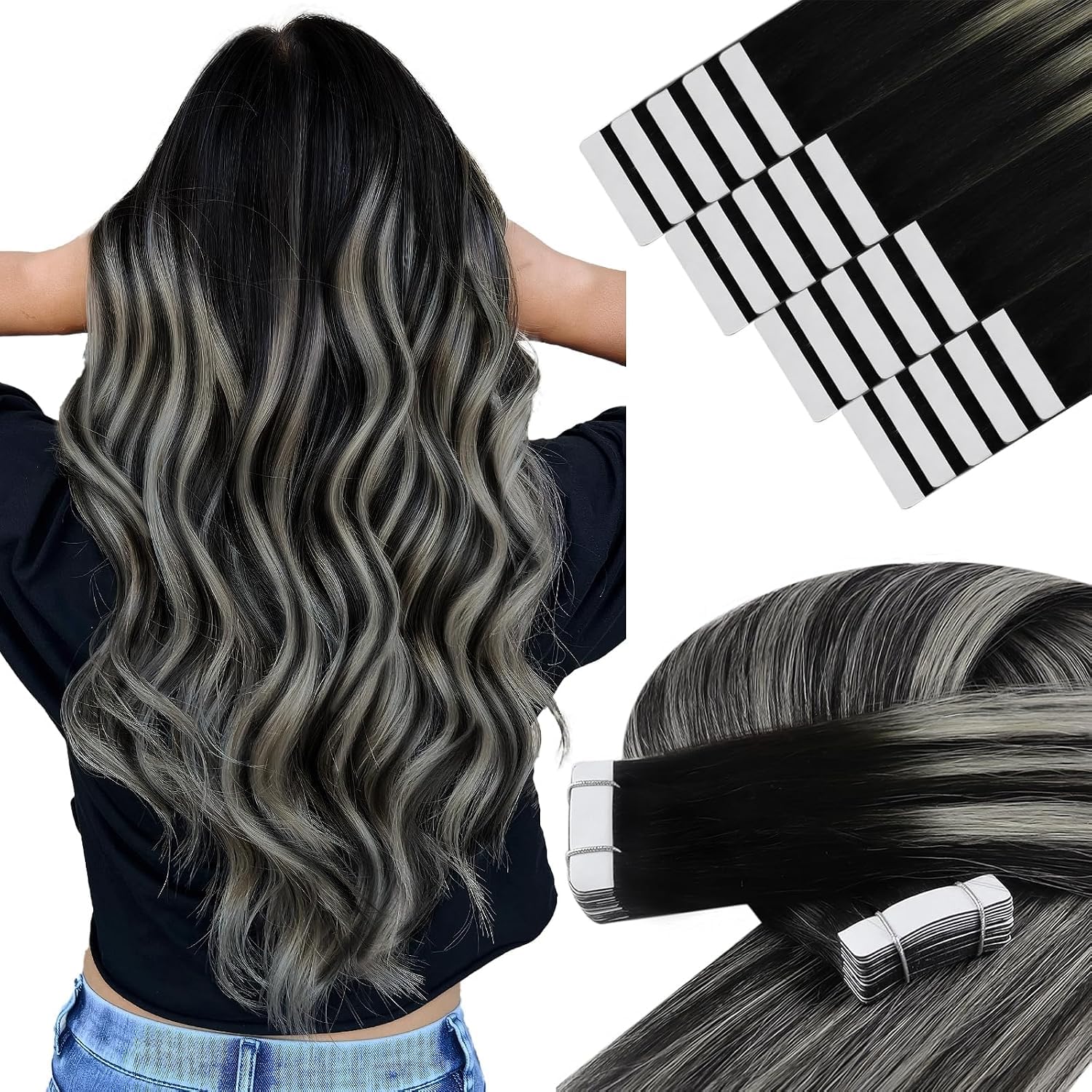 Detalle de YoungSee Tape Extensions Echthaar Ombre – 60 cm, Remy Echthaar, 50 g, 1B/S/1B