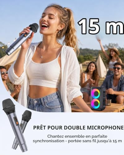 Detalle de HEEBUKE Karaoke Adulte (Nouveauté 2026) – Haut‑Parleur 2x10 W Bluetooth Portable avec 2 Microphones sans Fil