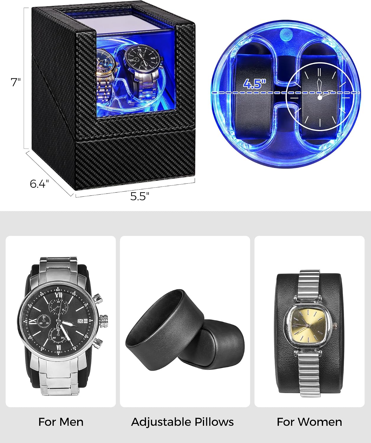 Thumbnail 4 de ANWBROAD Uhrenbeweger 2 Uhren – LED-Kristall-Design Doppel-Uhrenbox mit leisem Motor