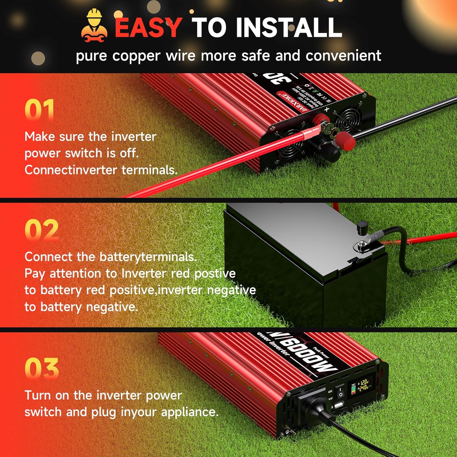 Detalle de 3000W 12V to 240V Modified Sine Wave Car Power Inverter with LCD, 2 AC Sockets and USB