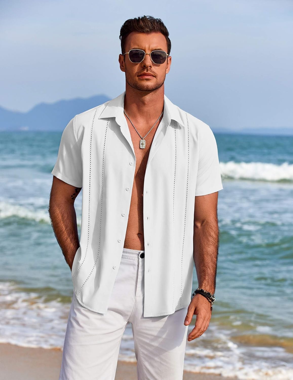 Thumbnail 3 de COOFANDY Men’s Cuban Guayabera Shirt Short Sleeve Button-Down (Summer Beach Shirt)
