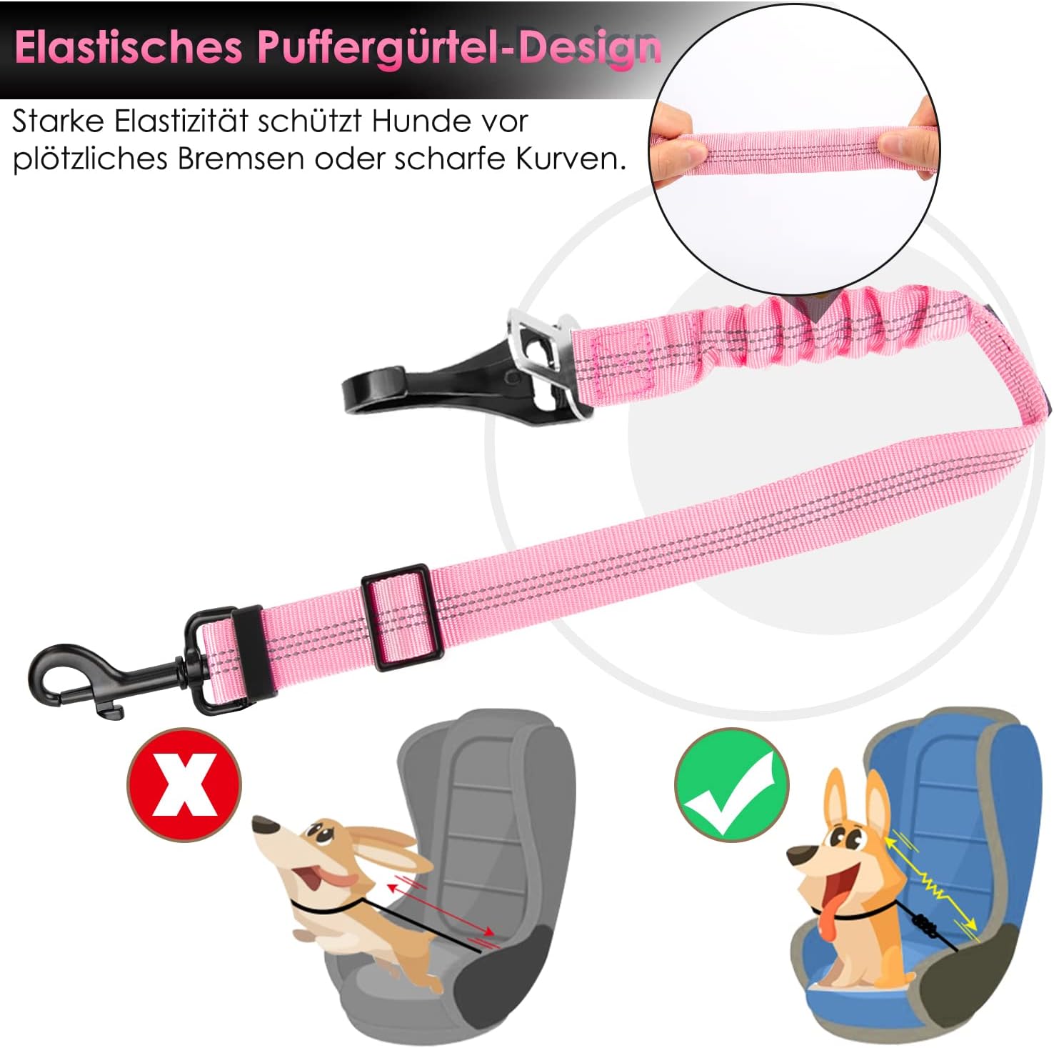 Detalle de Eyein Hunde-Sicherheitsgurt für Auto (3-in-1, reflektierend, 90 cm) – verstellbar mit elastischer Ruckdämpfung, Rosa