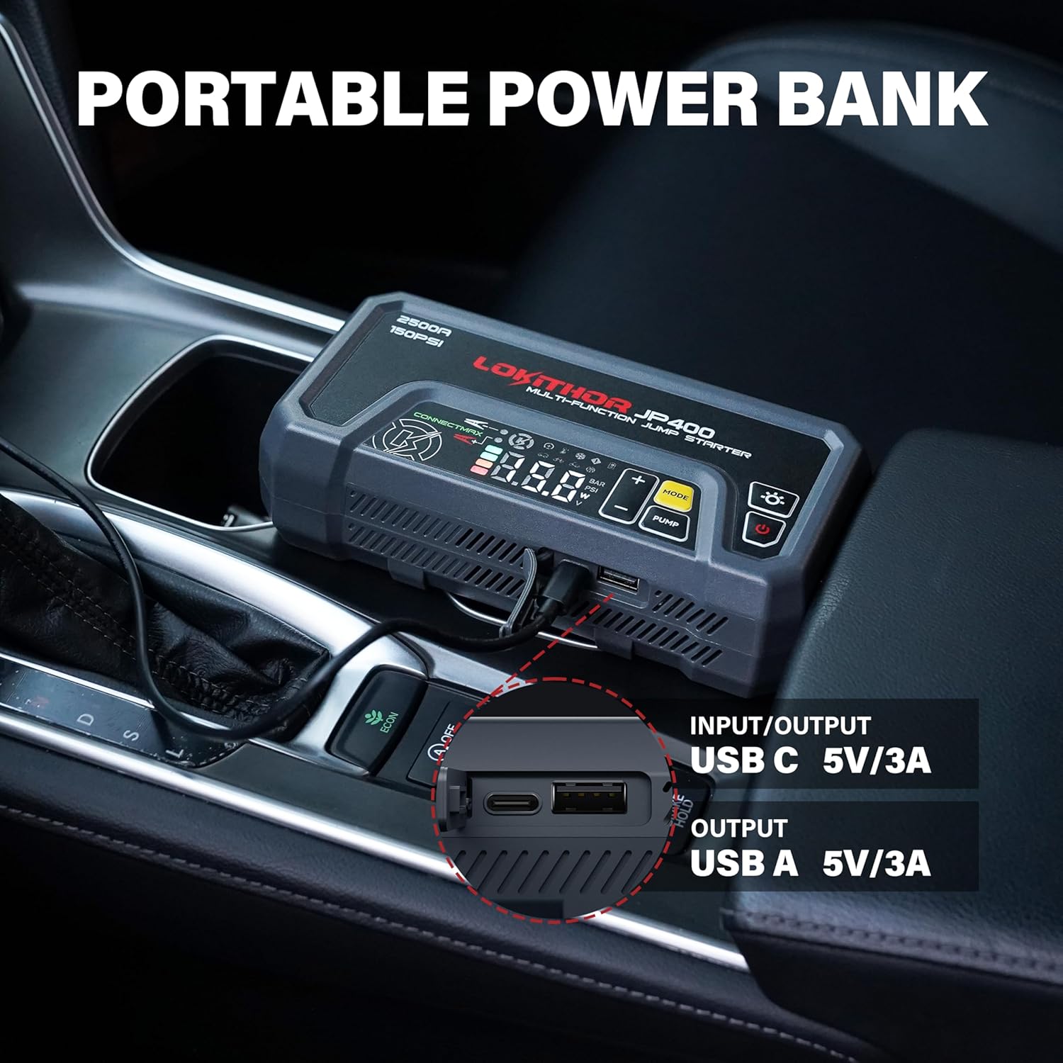 Detalle de LOKITHOR JP400 : Booster de Batterie 12V 2500A avec Compresseur d’Air 150 PSI et Lampe LED