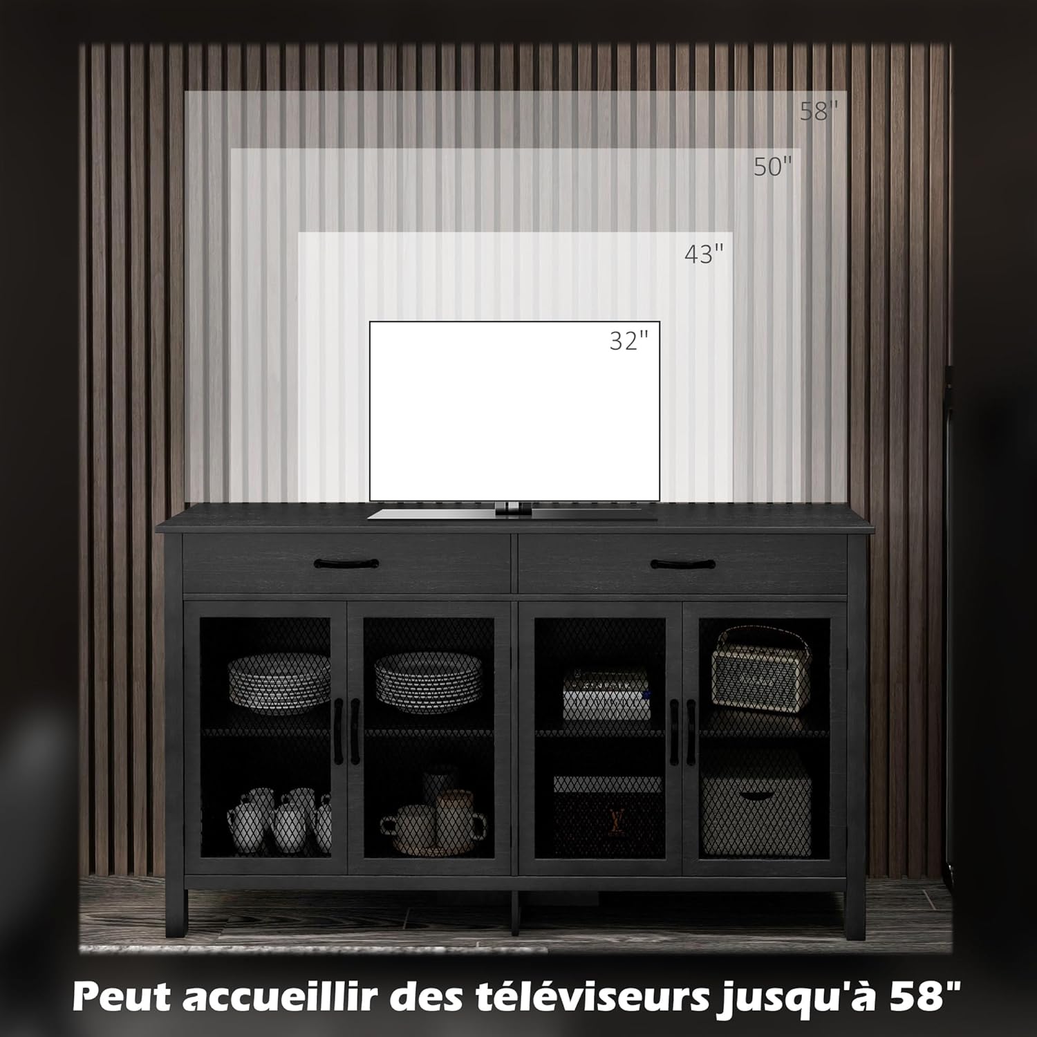 Detalle 2 de HOMCOM Buffet Bas 4 Portes – Style Industriel, Noir, 150 x 40 x 85 cm