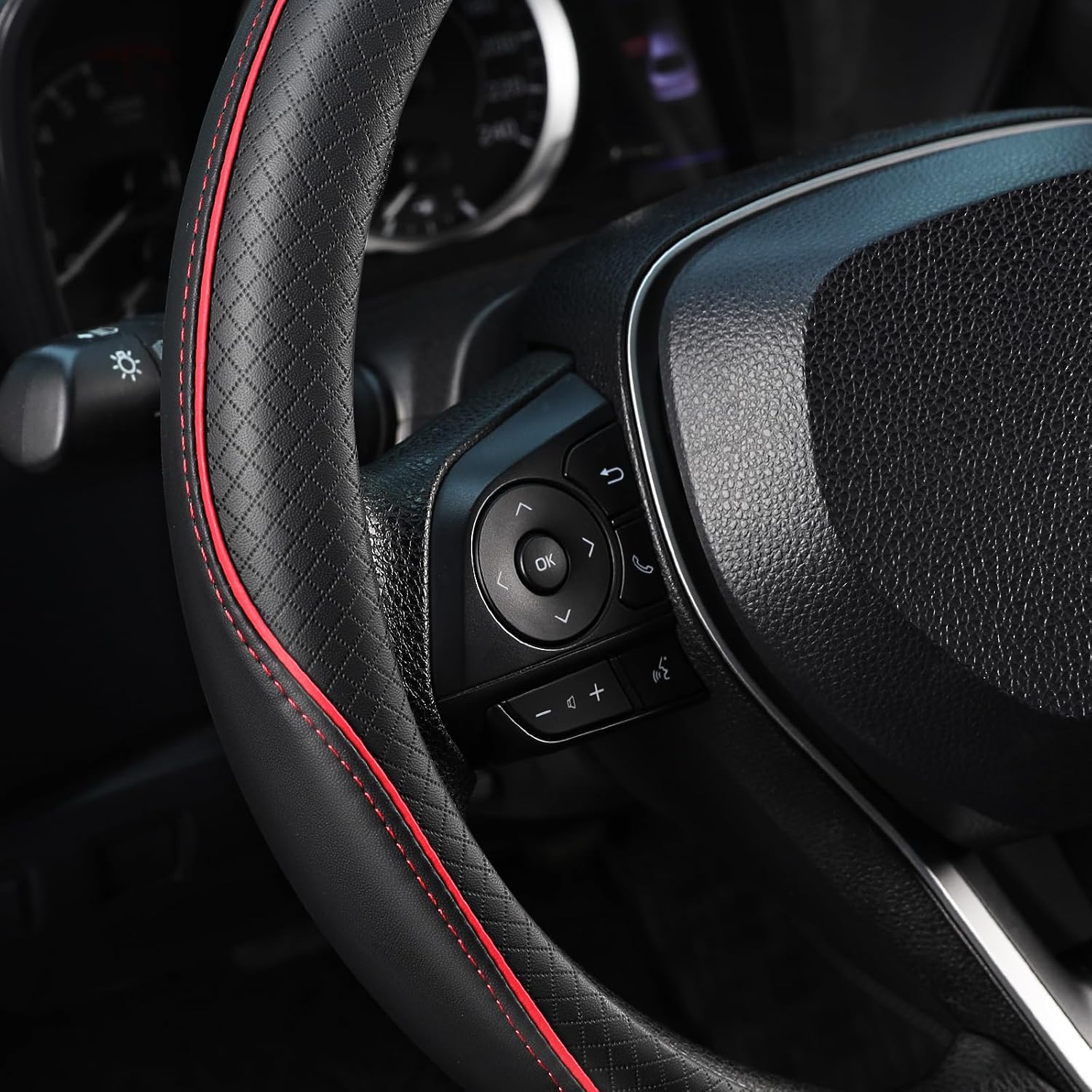 Thumbnail 2 de SEG Direct Steering Wheel Cover 37-39cm Medium – Microfiber Leather, Non-Slip Grip, Black & Red