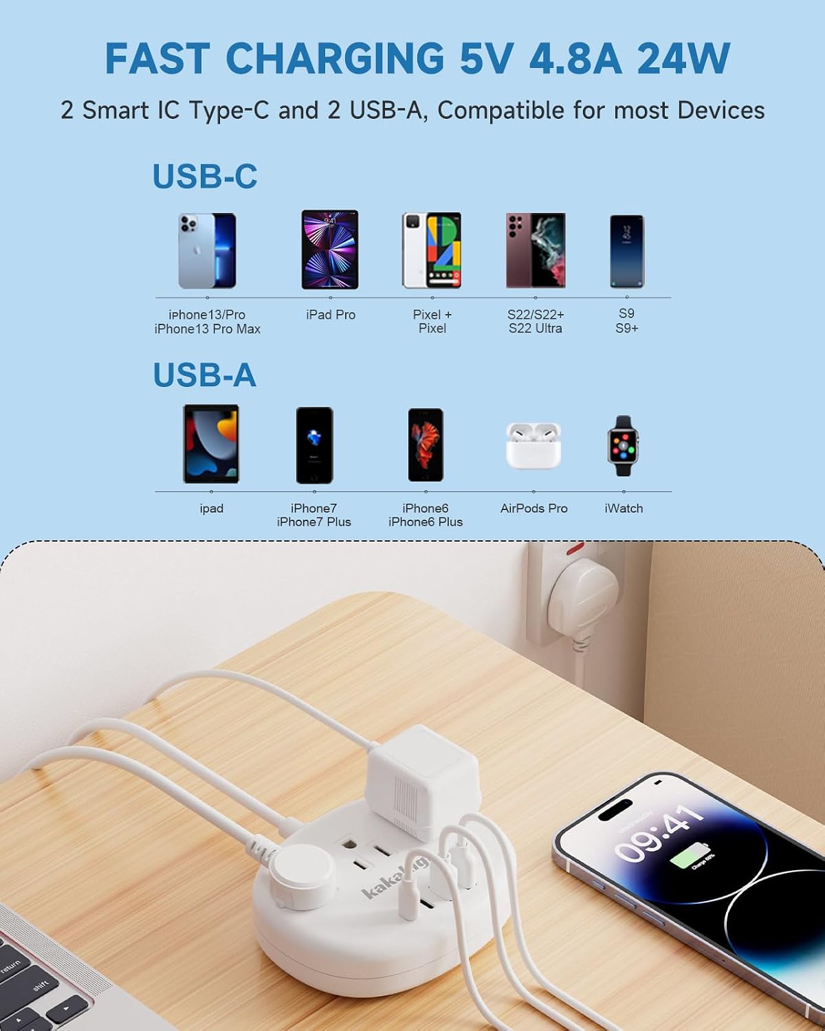 Thumbnail 6 de kakahigh 771 UK Travel Adapter Power Strip, 3-Foot Cord, 3 Outlets & 4 USB Ports