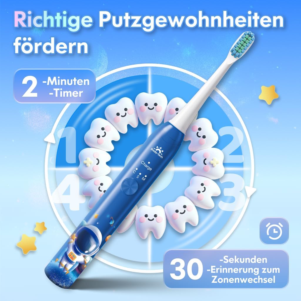 Detalle de DADA-TECH Kinder Zahnbürste Elektrisch ab 3–6–10–12 Jahre (Astronaut Blau) mit Timer, 3 Modi & Sticker-Set