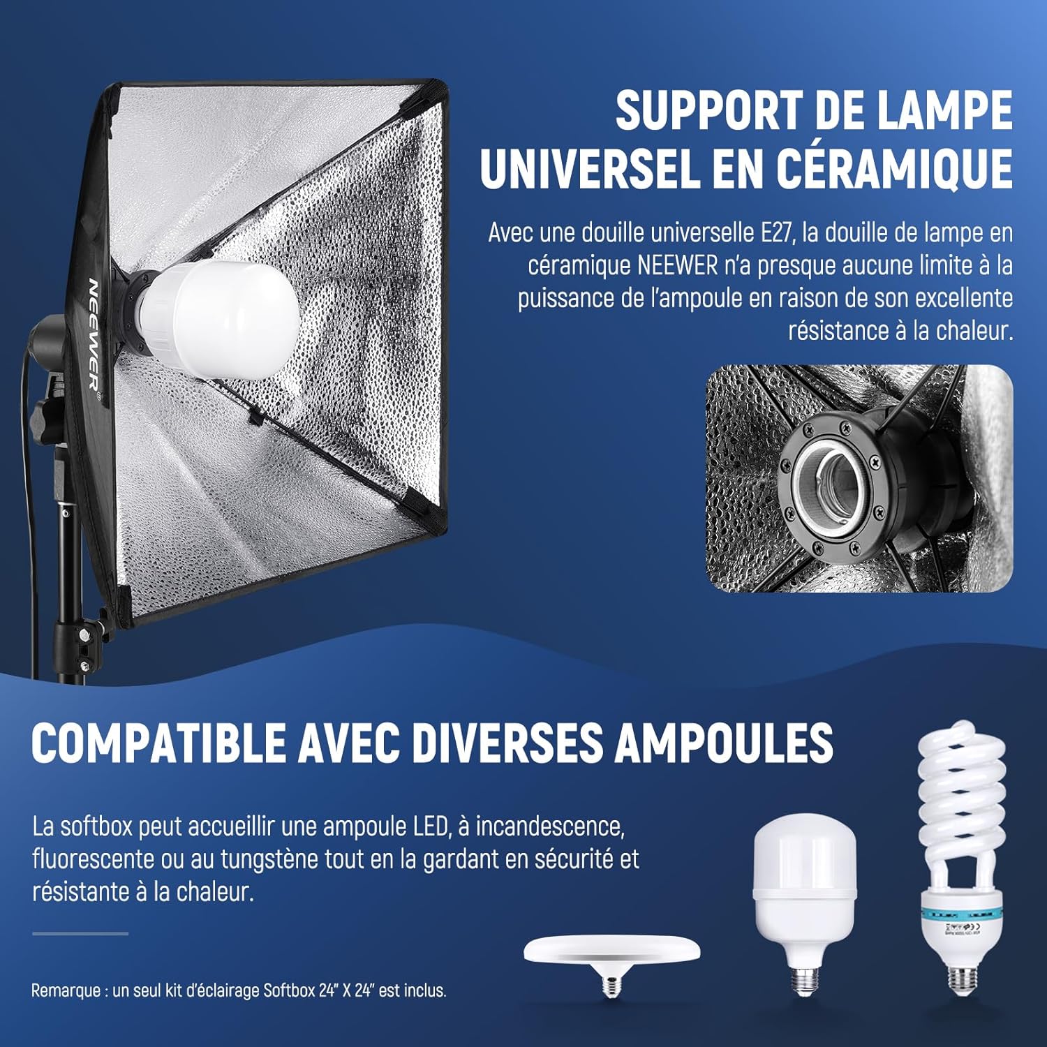 Detalle de NEEWER NK800 : kit d’éclairage softbox RGB Softbox 24" E27, contrôle par app et 9 modes d’effets