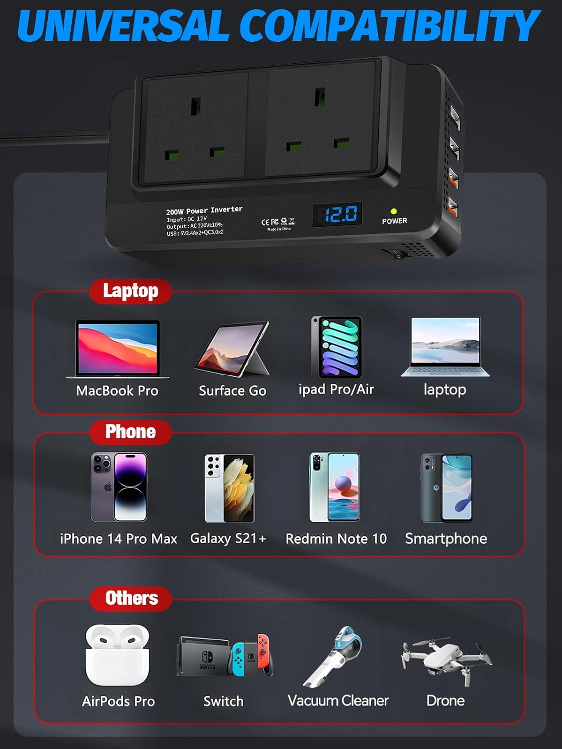 Thumbnail 2 de Defvnsy 200W power inverter with 2 sockets and 4 USB ports 🔌