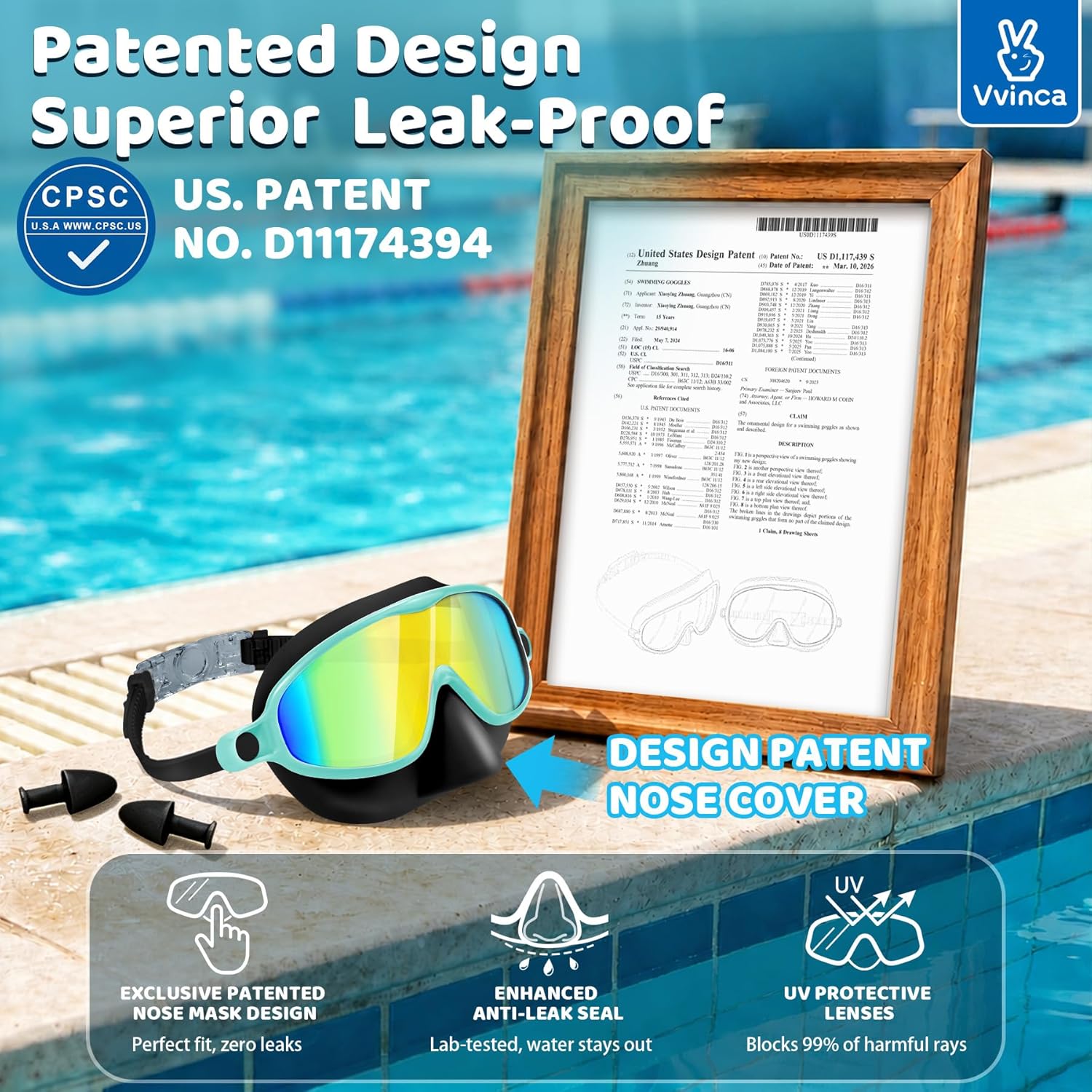 Detalle de Vvinca 2-Pack Swim Goggles with Nose Cover for Kids — Wide View, Anti-Fog, UV Protection