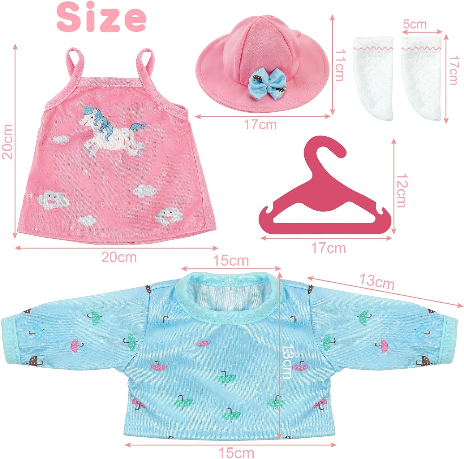 Detalle 2 de Aolso vestiti per bambole New Born Baby Doll (35–45 cm) con abito rosa e blu, cappello, calzini e gruccia