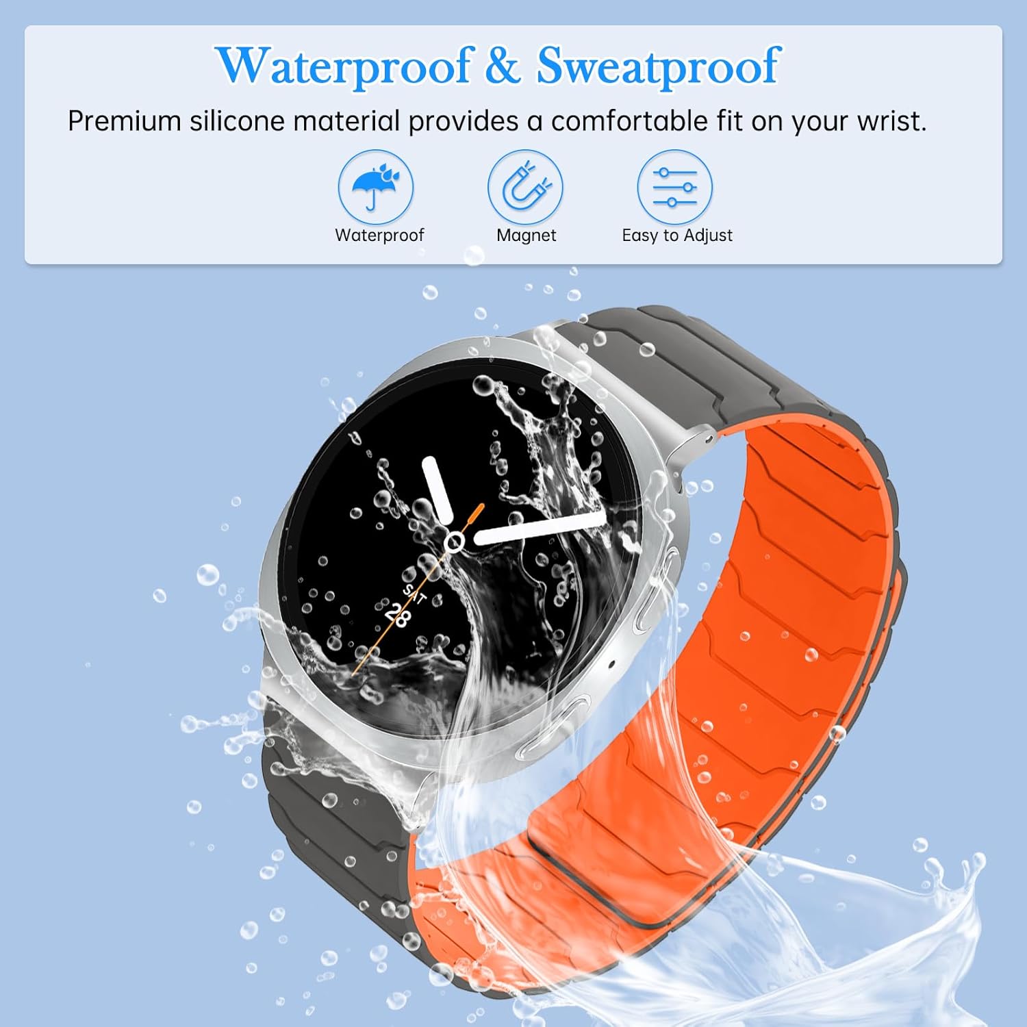 Detalle de CiimWaa Magnet-Armband für Samsung Galaxy Watch 8 (40/44 mm) & Galaxy 8 Classic (46 mm) – weiches Silikon in Grau/Orange