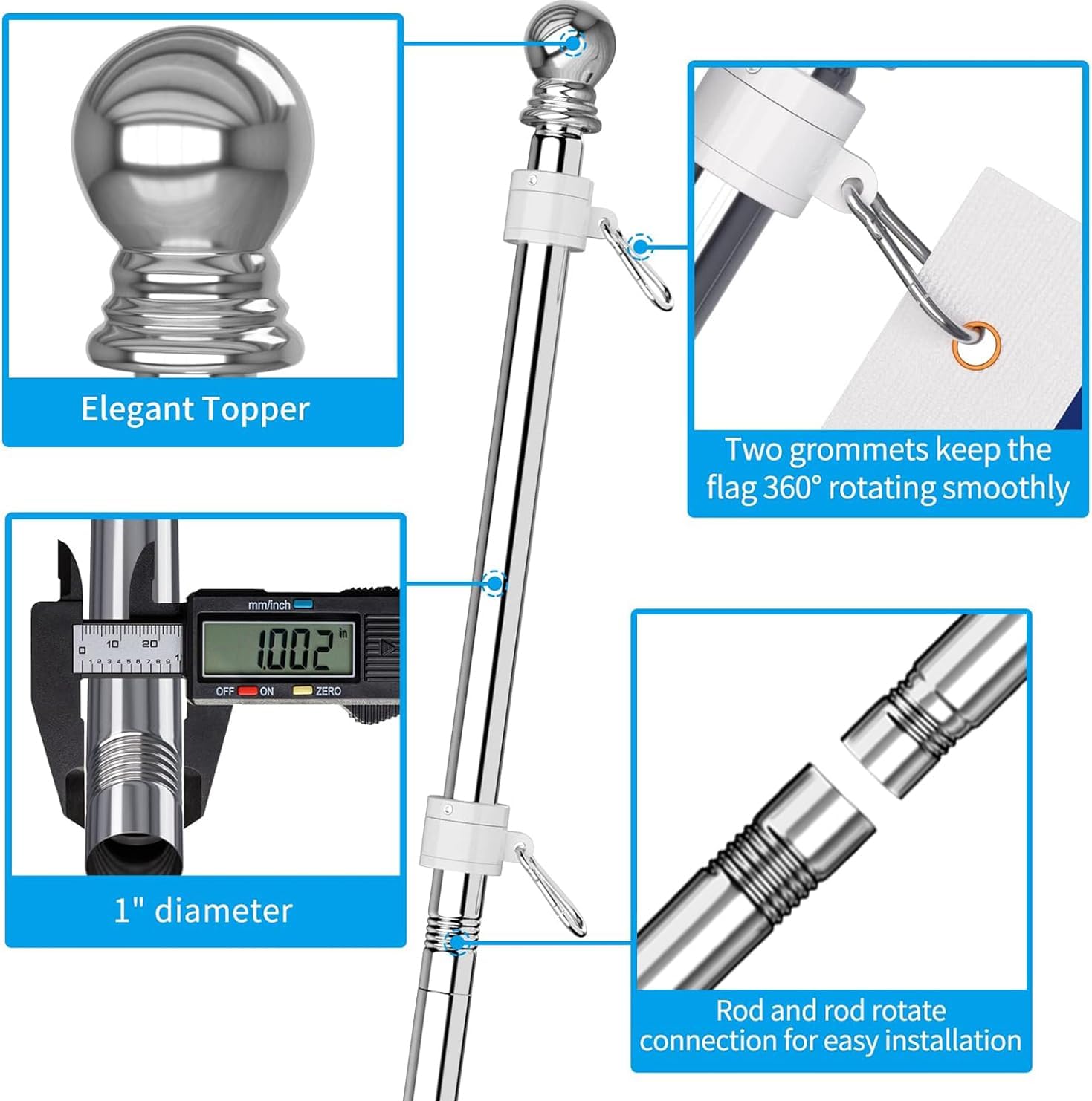 Detalle 1 de ZMTECH ZM-FP-S/6/1 6-Foot Stainless Steel Flagpole Kit with Adjustable Bracket