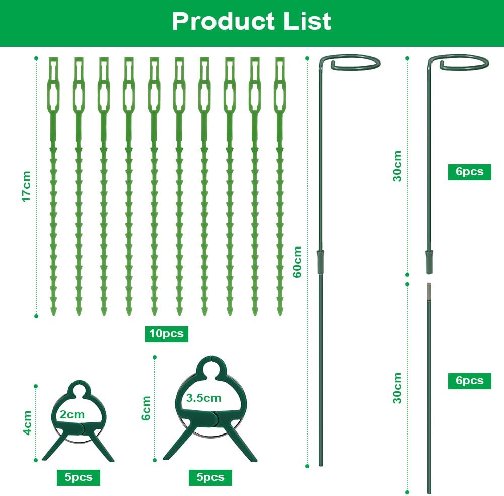 Thumbnail 1 de Adiwo 6PCS 60cm garden single stem support stakes with extension poles, plant clips and flexible cable ties