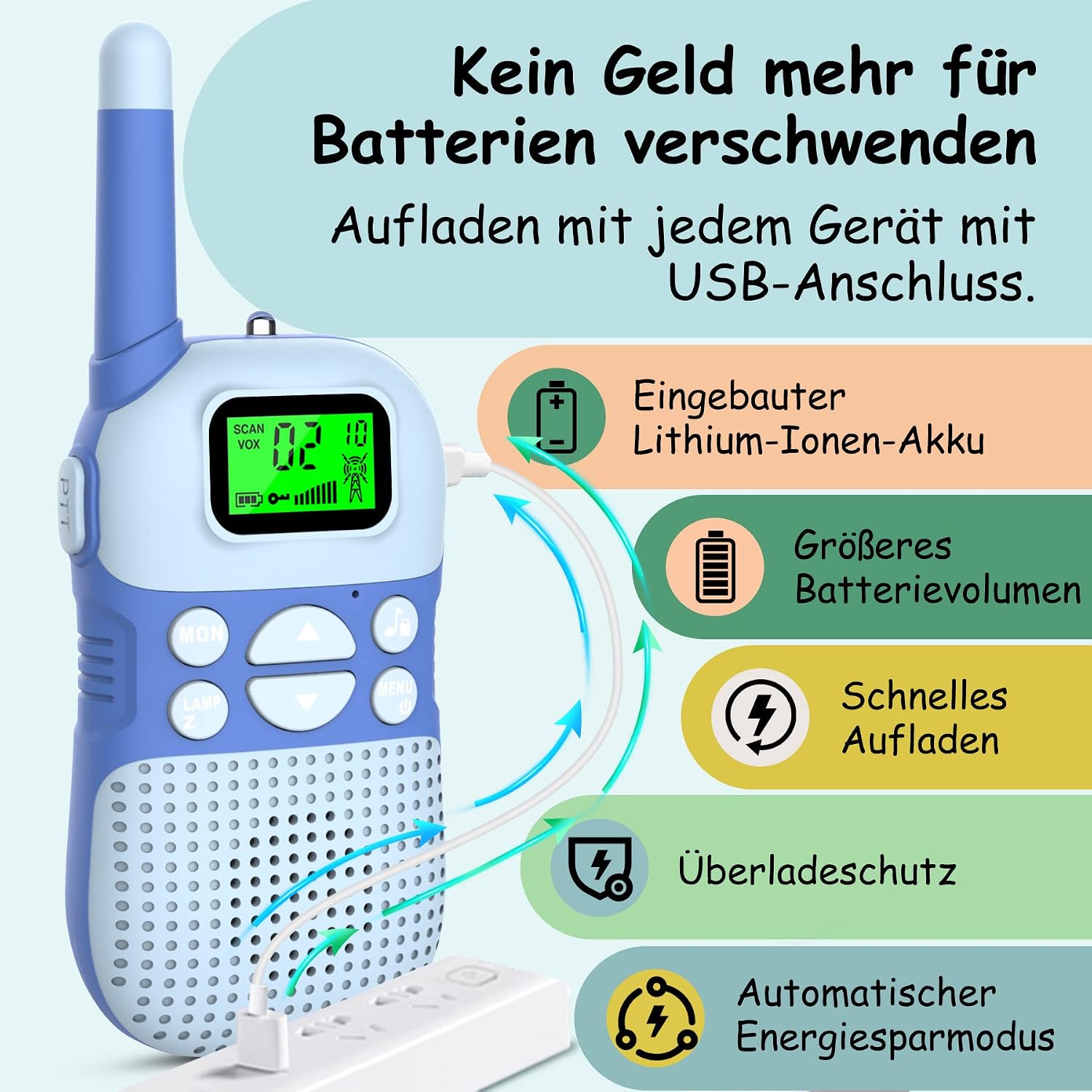 Detalle de Kidsfun Walkie Talkie Kinder – USB wiederaufladbar, 3 Meilen Reichweite, Taschenlampe, ab 3 Jahren
