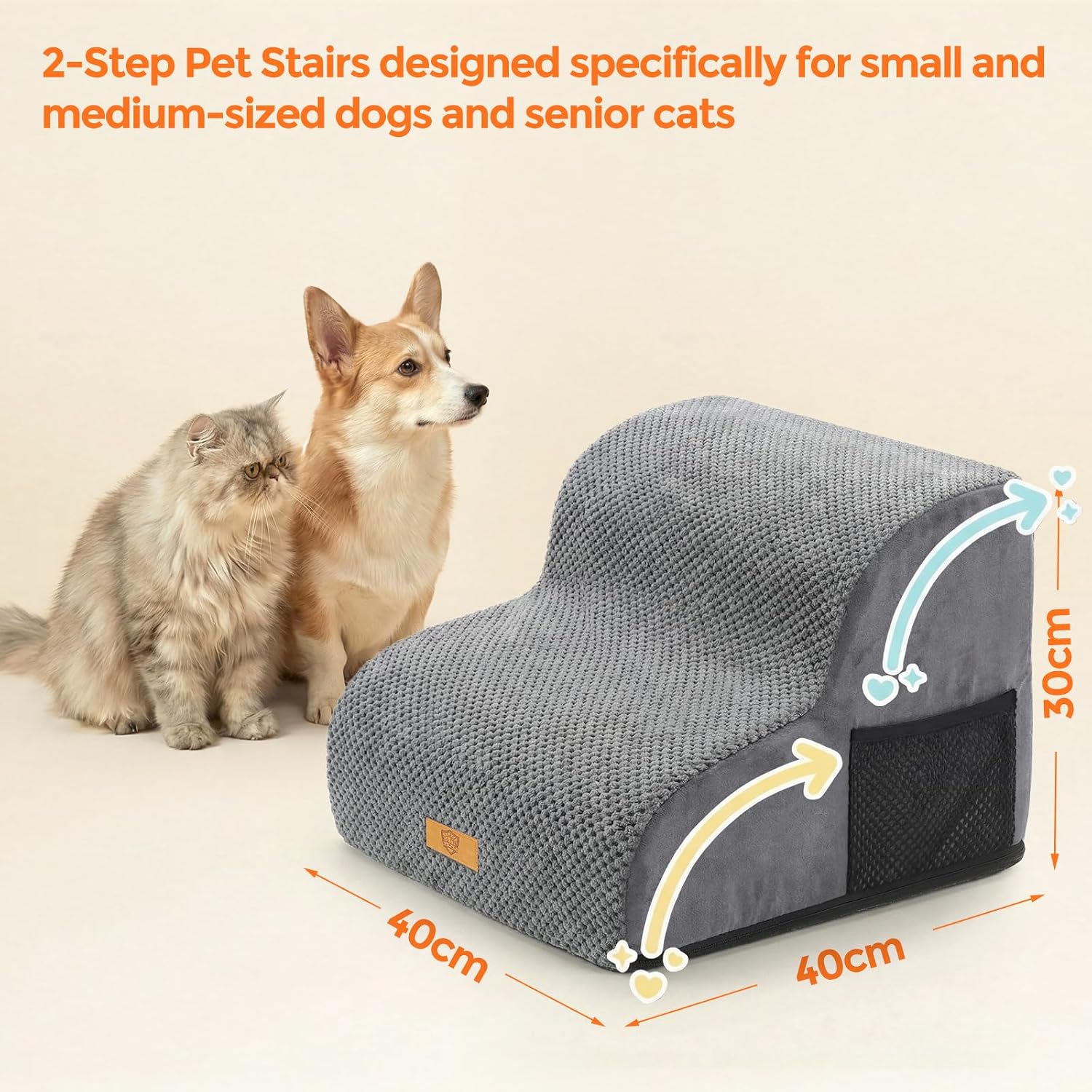 Detalle de Masthome 2-Step Dog Steps for Sofa (40 x 30 x 40cm) with Removable Washable Cover, High-Density Foam, Grey