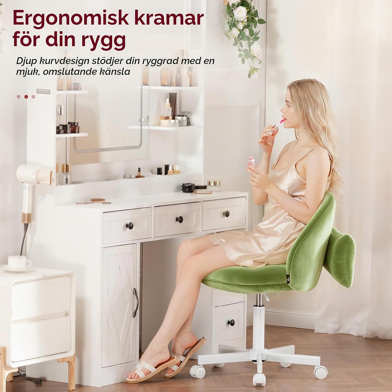 Detalle 2 de COMHOMA CH710-BE kontorsstol i grön sammet, höjdjusterbar och utan armstöd