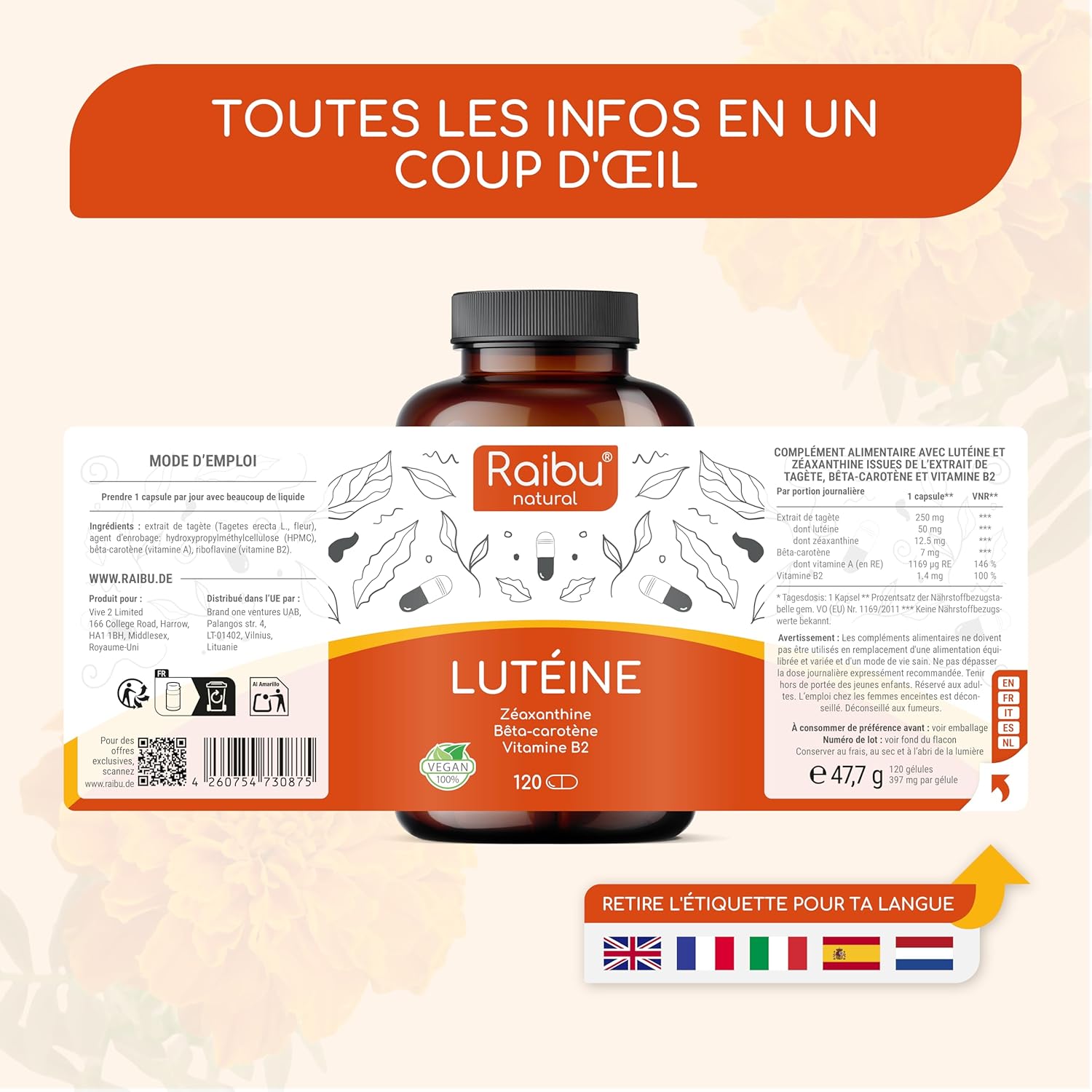Thumbnail 6 de Complément Alimentaire pour les Yeux - Lutéine 50 mg + Zéaxanthine 12,5 mg, 120 Gélules (4 mois) avec Vitamine A & B2 – Extrait Naturel de Tagètes, Végan et Sans Gluten