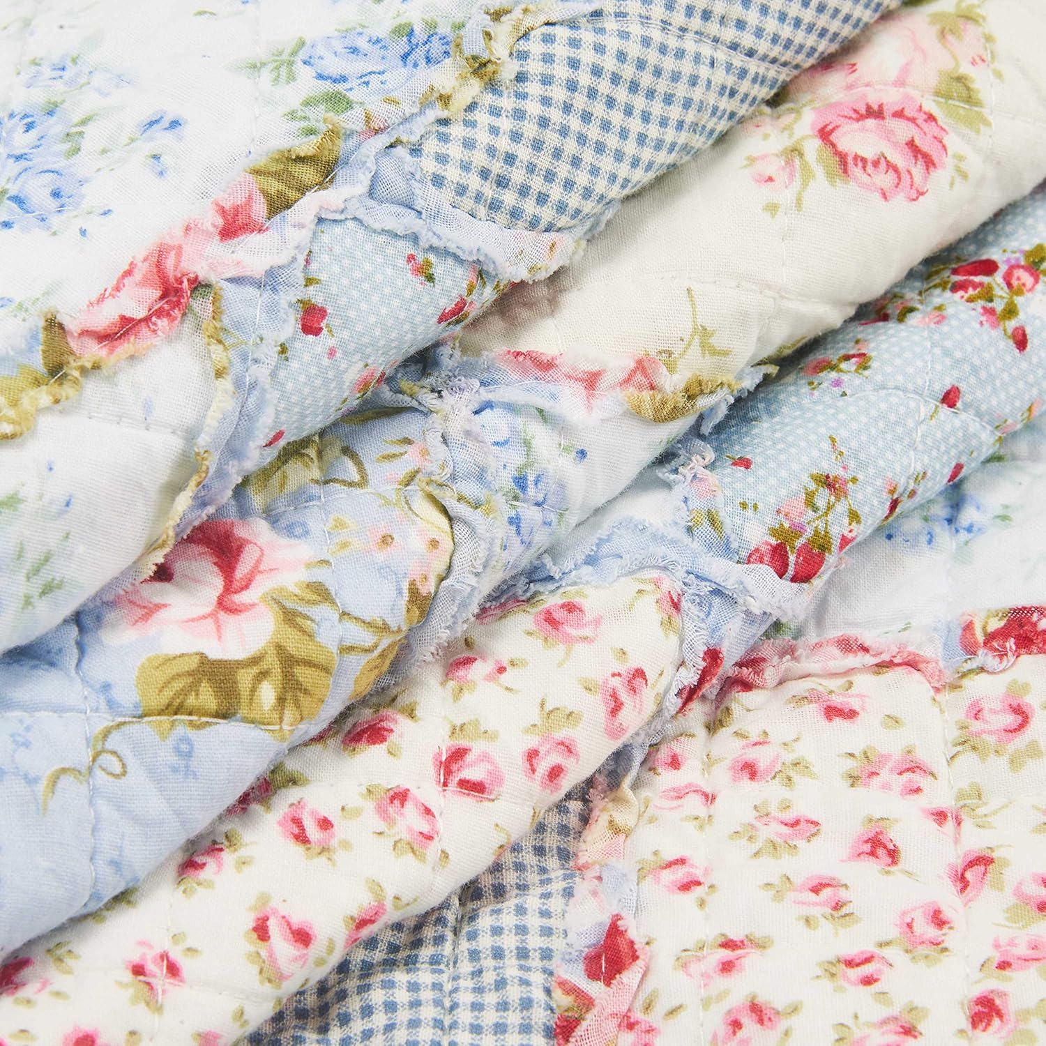 Detalle de Qucover Single Bedspread Quilted Soft Cotton Blue Floral Patchwork