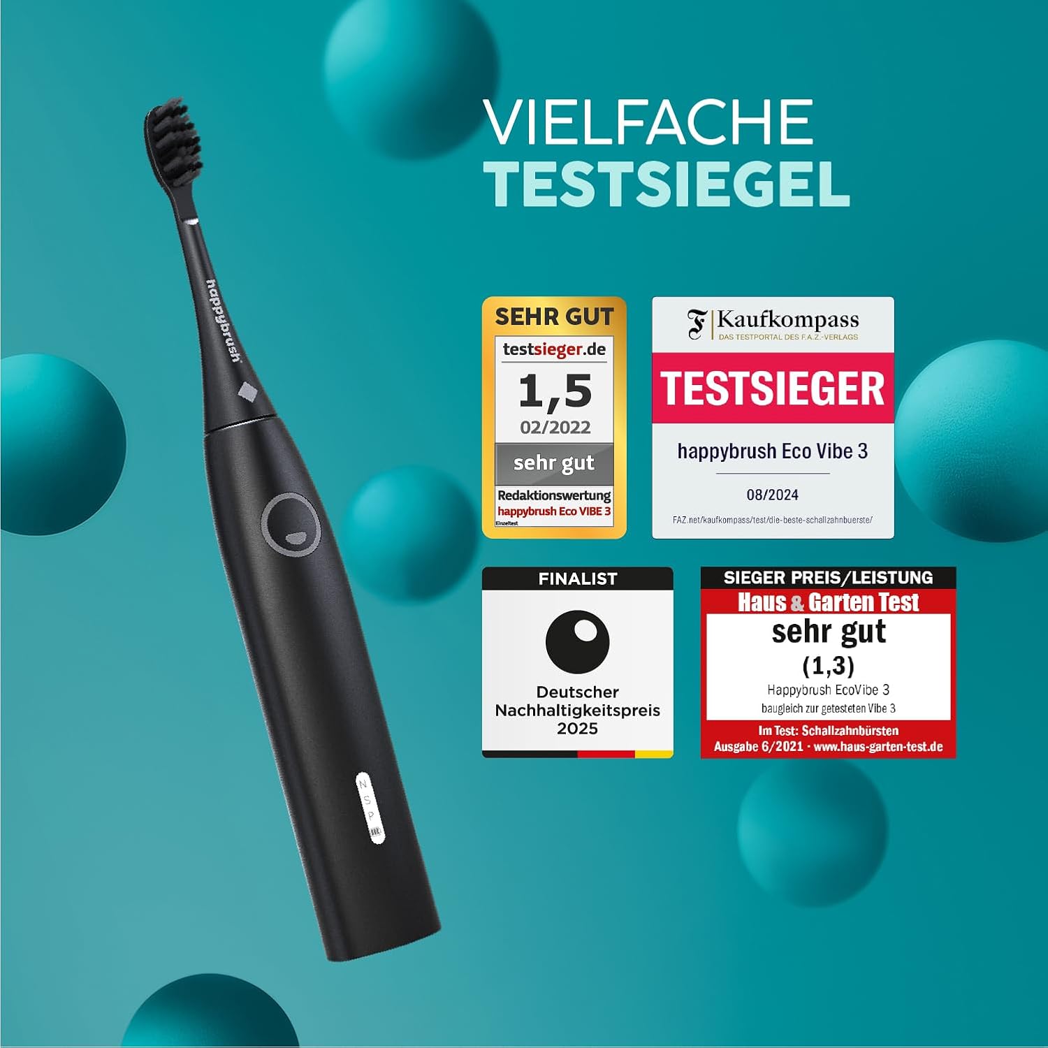 Detalle de happybrush® Schallzahnbürste Eco Vibe 3 (Black) – Ultraschall-Zahnbürste mit 8‑Wochen‑Power-Akku