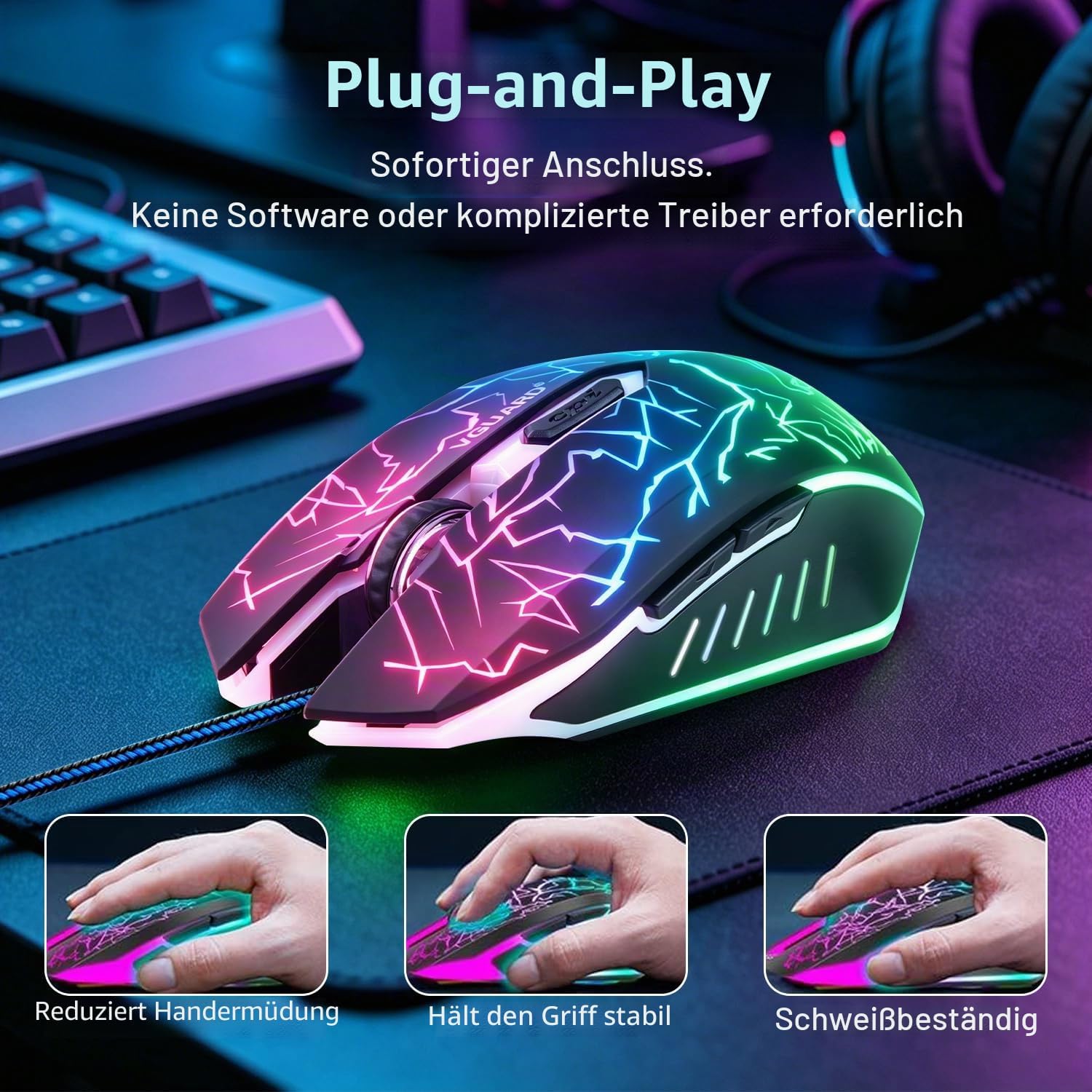 Detalle de VGUARD Gaming Maus (kabelgebunden) mit 6 Tasten und 4 DPI-Stufen, optisch – schwarz