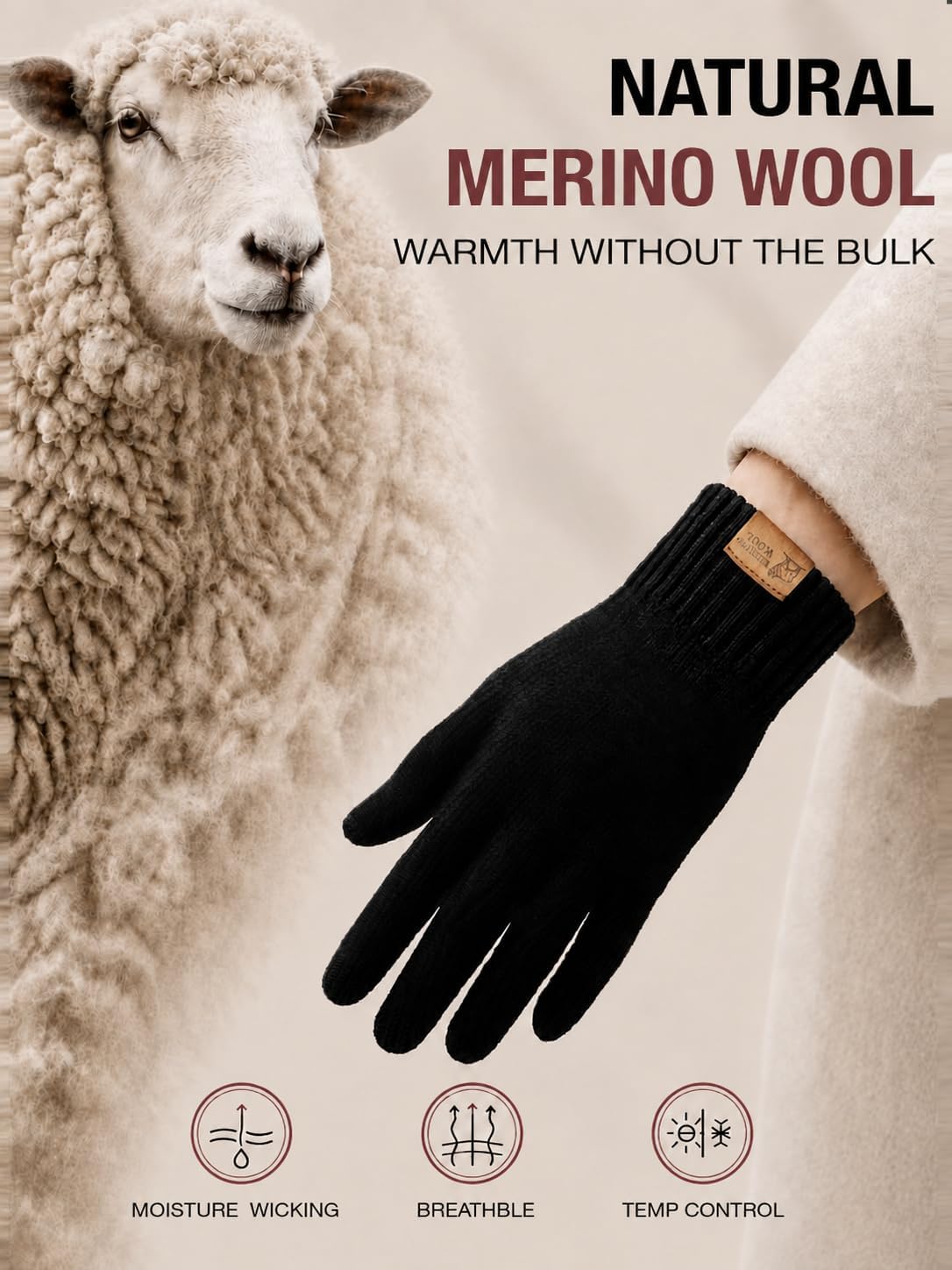 Detalle de WHIXODX Merino Wool Winter Gloves with Touchscreen Use and Moisture-Wicking Comfort