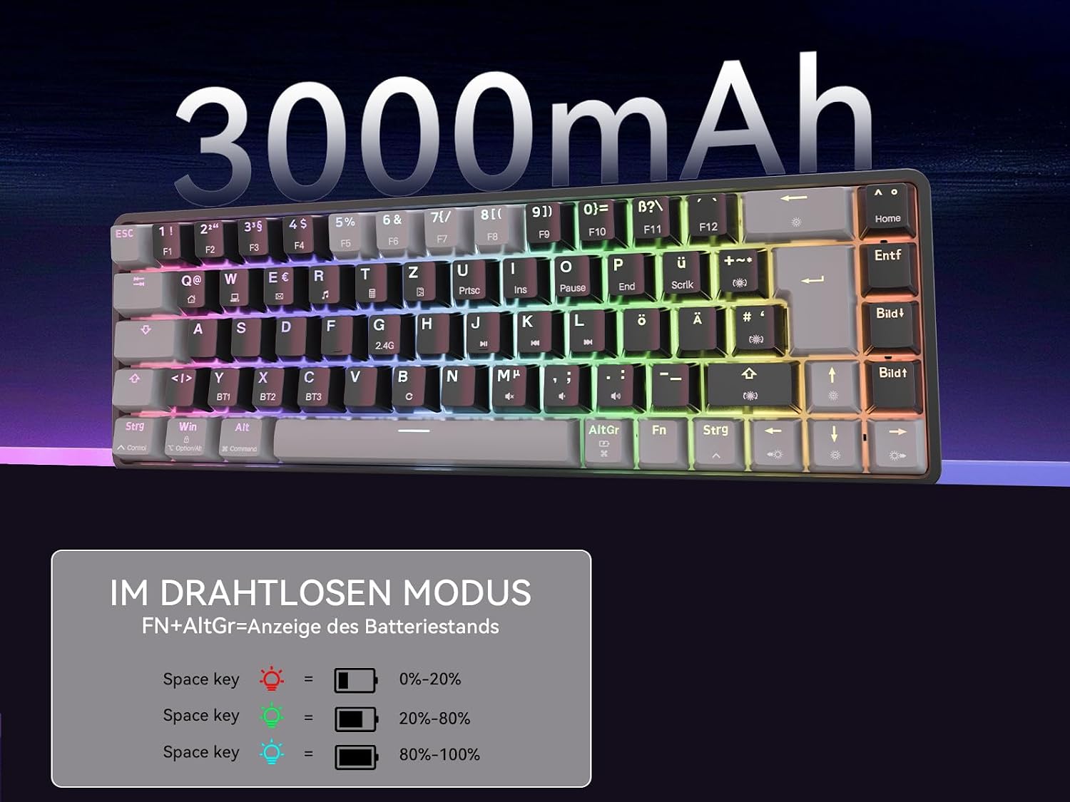 Detalle 2 de Dierya DK68 Kabellose Gaming Tastatur 3000 mAh ⌨
