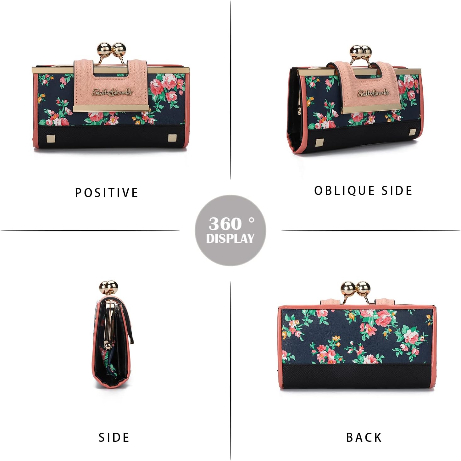 Thumbnail 5 de Gladdon Portefeuille femme élégant à motif rosier bleu foncé – 10 emplacements cartes et poche à pièces