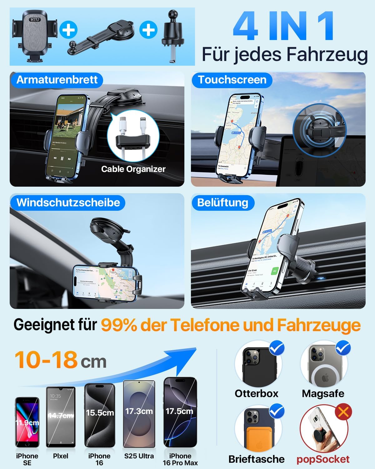 Thumbnail 5 de HTU 2026 KFZ-Handyhalterung mit Saugnapf & Lüftungshaken, 360° drehbar am Armaturenbrett/Scheibe – Grau