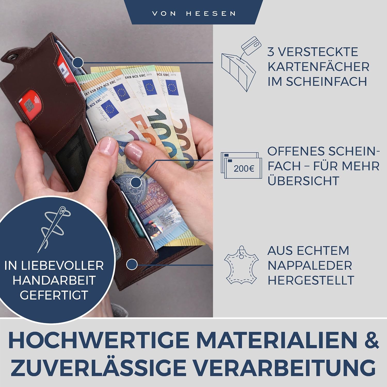 Detalle de VON HEESEN Slim Wallet mit Münzfach & RFID-Schutz – Kompakte Geldbörse aus Nappa-Leder