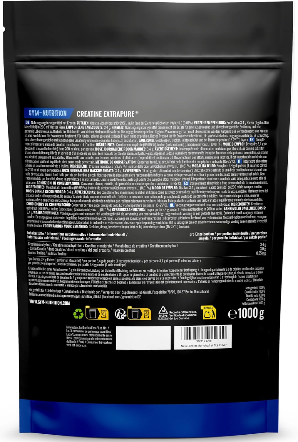 Detalle 2 de Gym Nutrition Creatina Monohidratada 1 kg en polvo sin sabor (100% vegana y de alta pureza)