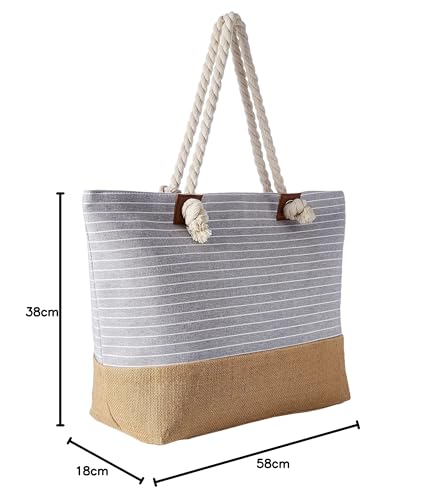 Thumbnail 6 de DonDon Grande Bolsa de playa repelente al agua con cremallera a rayas gris