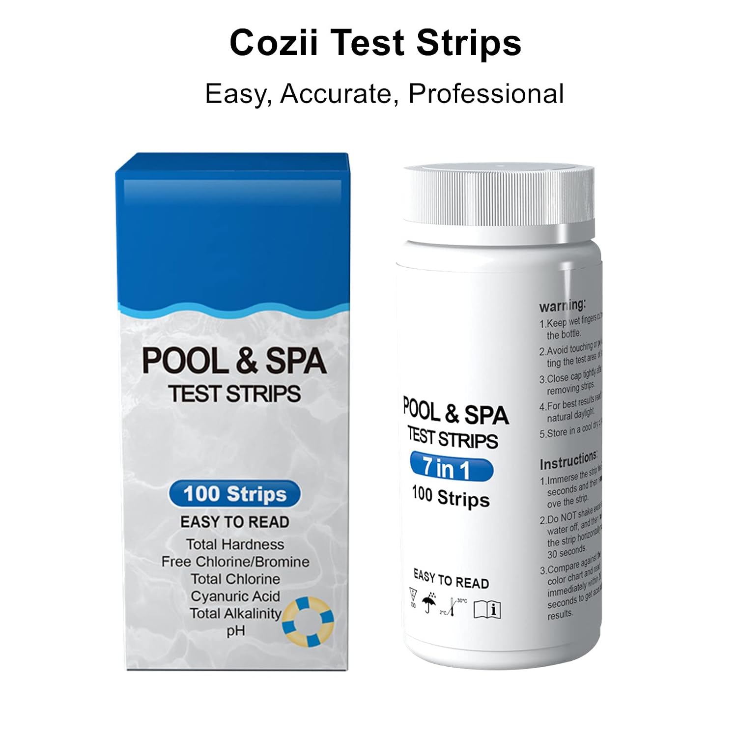 Detalle 2 de Cozii zwembadteststrips 7-in-1, 100 stuks voor pH en waterwaarden
