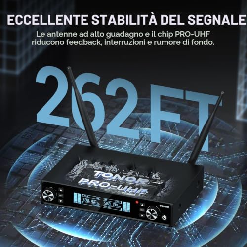 Detalle de TONOR TW550 sistema microfonico wireless UHF ricaricabile con scansione automatica