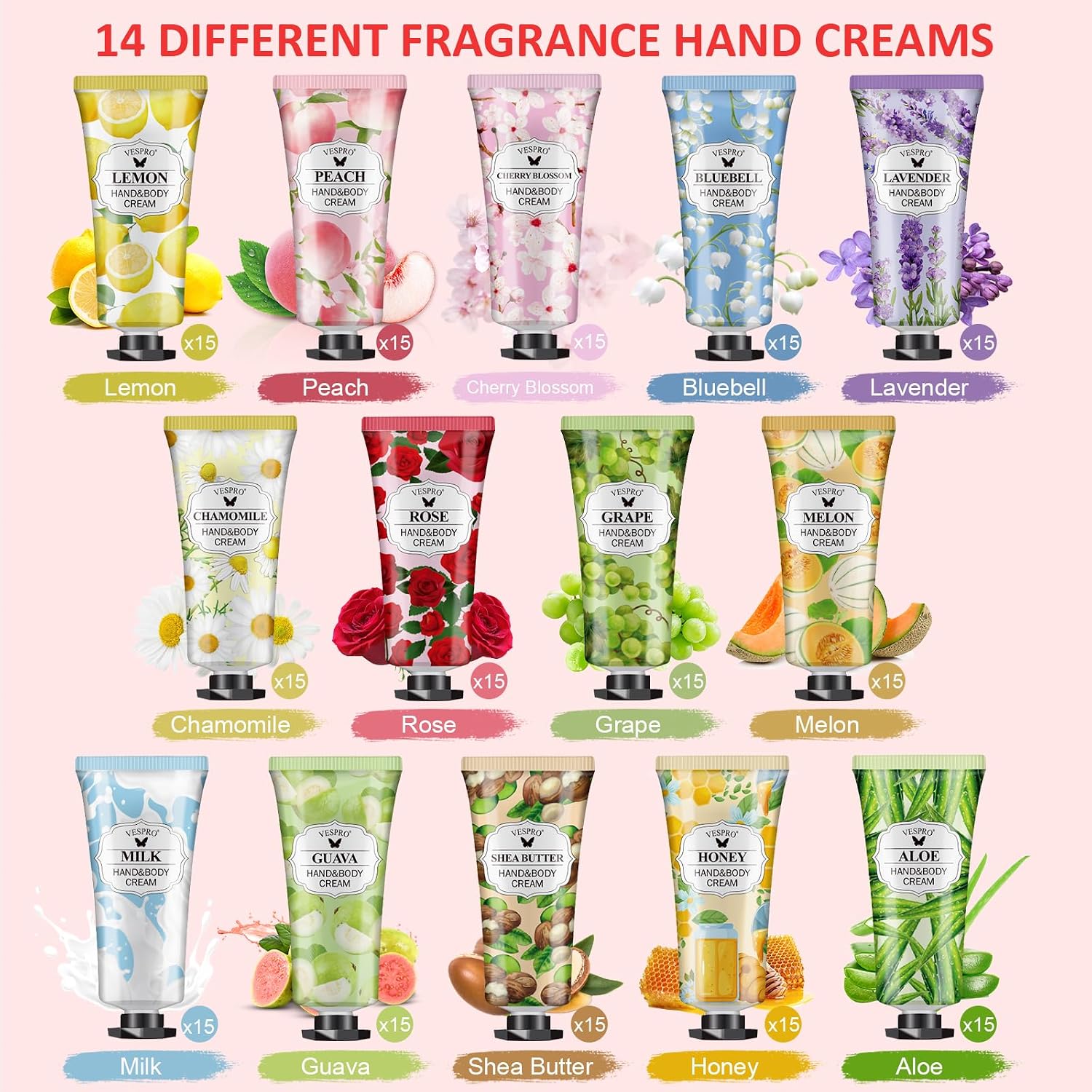 Detalle 2 de VESPRO 210 Pack Moisturizing Hand Cream Gift Set (14 Scents) Travel-Size Lotions for Dry, Cracked Hands