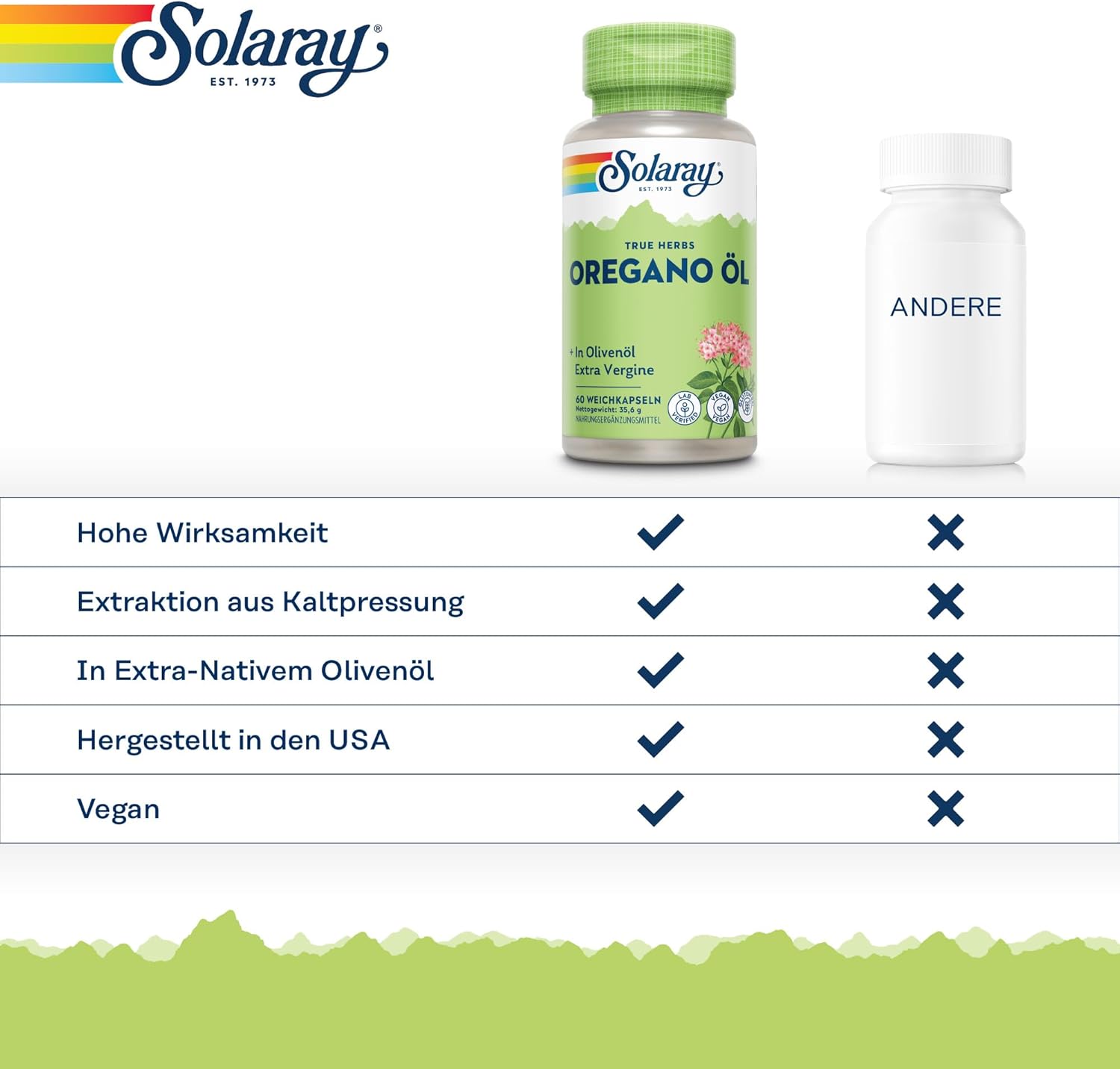 Detalle 2 de Solaray Oreganoöl 150 mg – 60 vegane Softgels mit nativem Olivenölextra, Omega-3 & 6