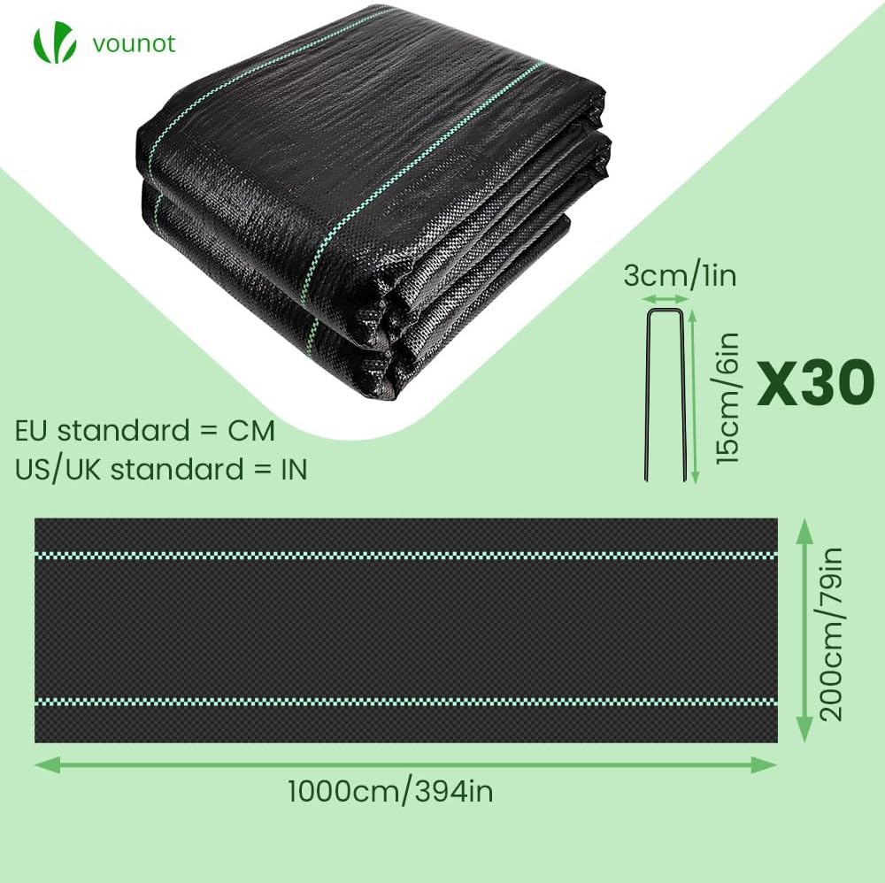 Thumbnail 1 de VOUNOT Toile de Paillage 2Mx10M avec 30 piquets – Paillage en Polypropylène 100 g/m², anti-UV, résistant et respirant