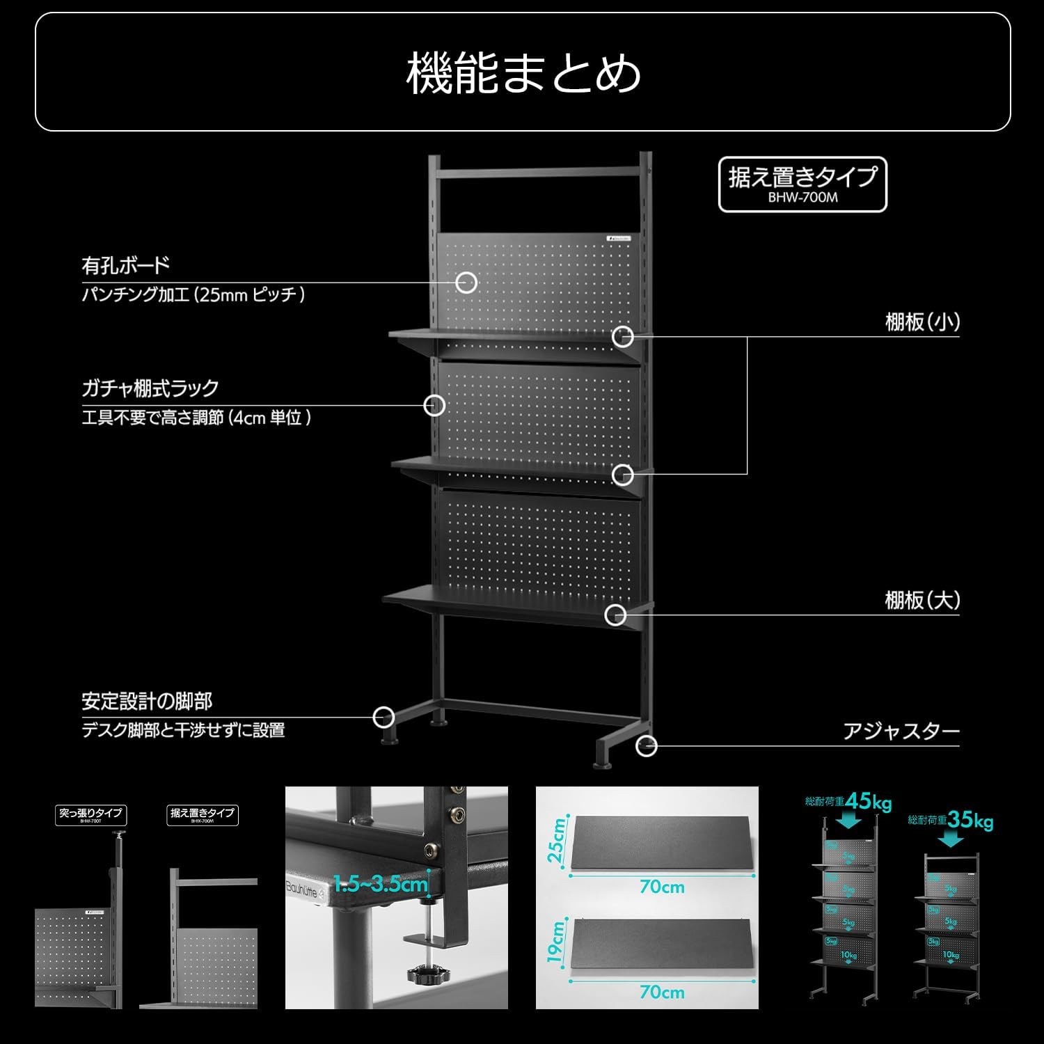 Detalle 2 de Bauhutte BHW-700M-BK デスク奥ウォールラック 幅70cm・有孔ボード・可動棚