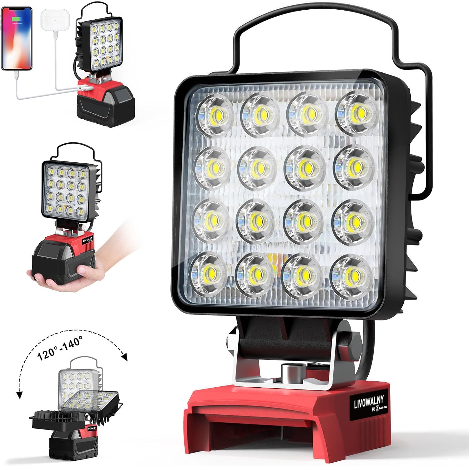 Detalle de Lampada LED Ricaricabile LIVOWALNY 48W 4800LM per batterie Milwaukee 18V con doppio interruttore (USB-C/Type-C, senza batteria)