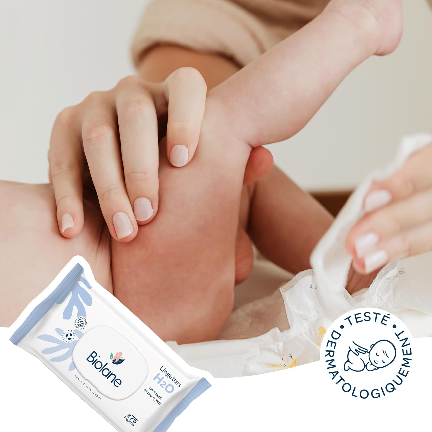 Detalle de Biolane Lingettes bébé à l’eau – 900 lingettes (lot de 12 x 75), sans rinçage, dès la naissance