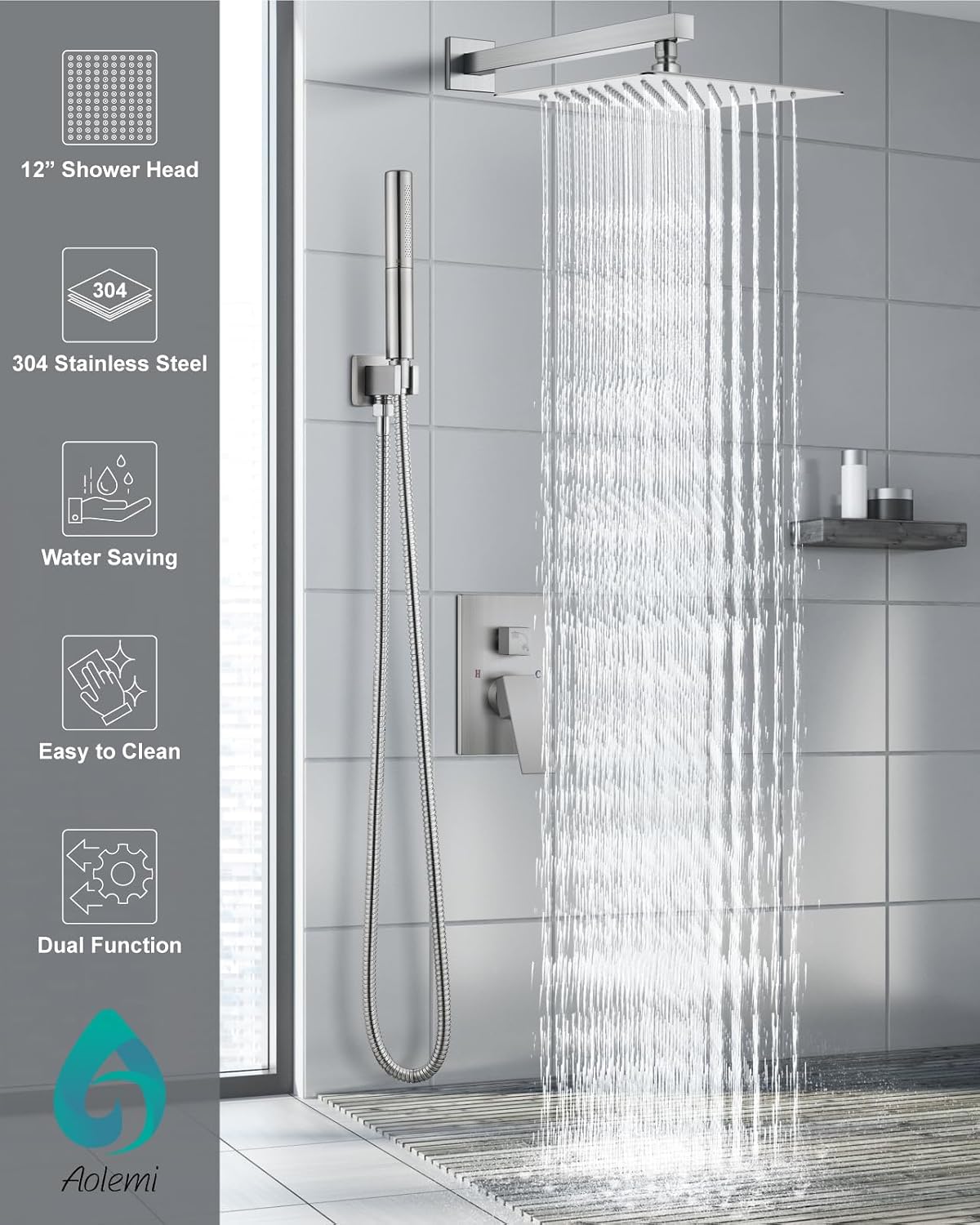 Detalle 2 de Aolemi 12-Inch Shower System with Rain Head, Dual-Function Handheld, Brushed Nickel