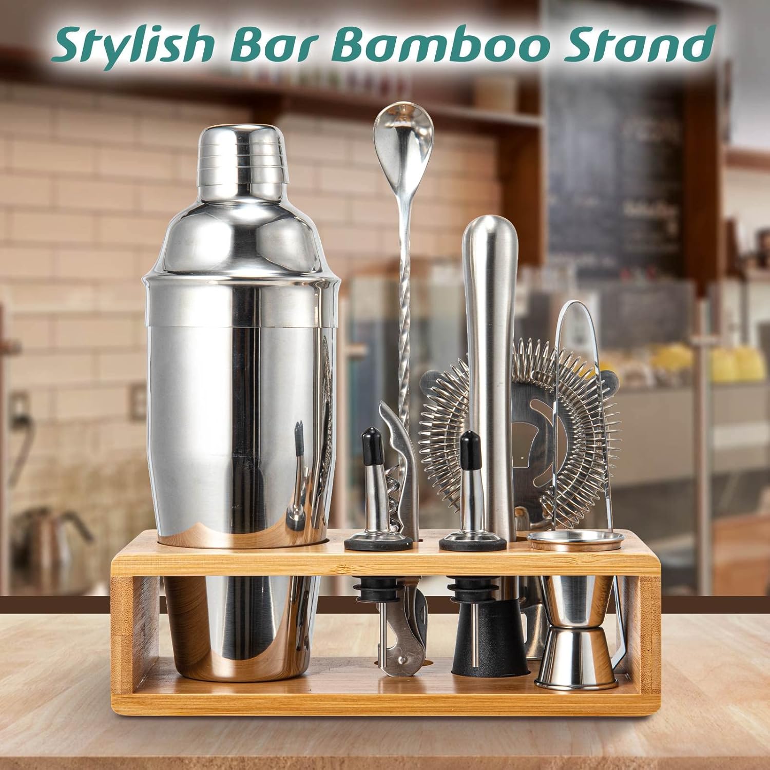 Thumbnail 4 de Cocktail Shaker Set (18/8 Food-Grade Stainless Steel) 10-Piece Martini Shaker Kit with Bamboo Stand