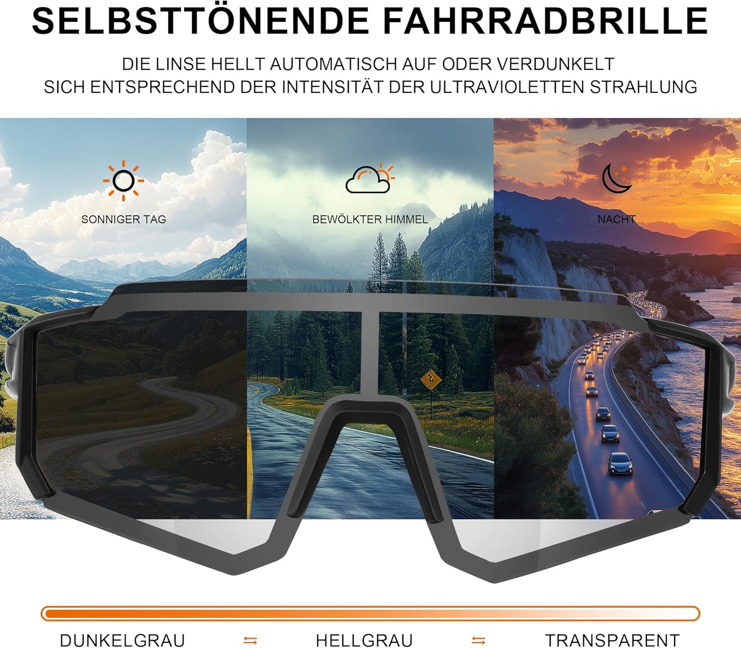 Detalle 2 de suoso Sportbrille mit selbsttönenden Gläsern (UV400) für Radfahren, Angeln & Ski