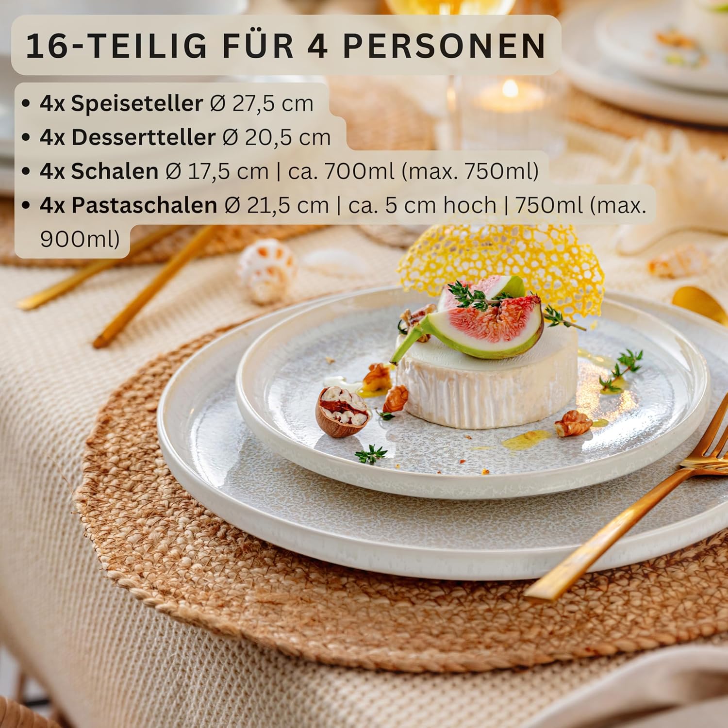 Detalle de SÄNGER Korfu 16-tlg. Geschirrset – Tafelservice für 4 Personen, handmade Steingut, cremefarben mit sandiger Maserung