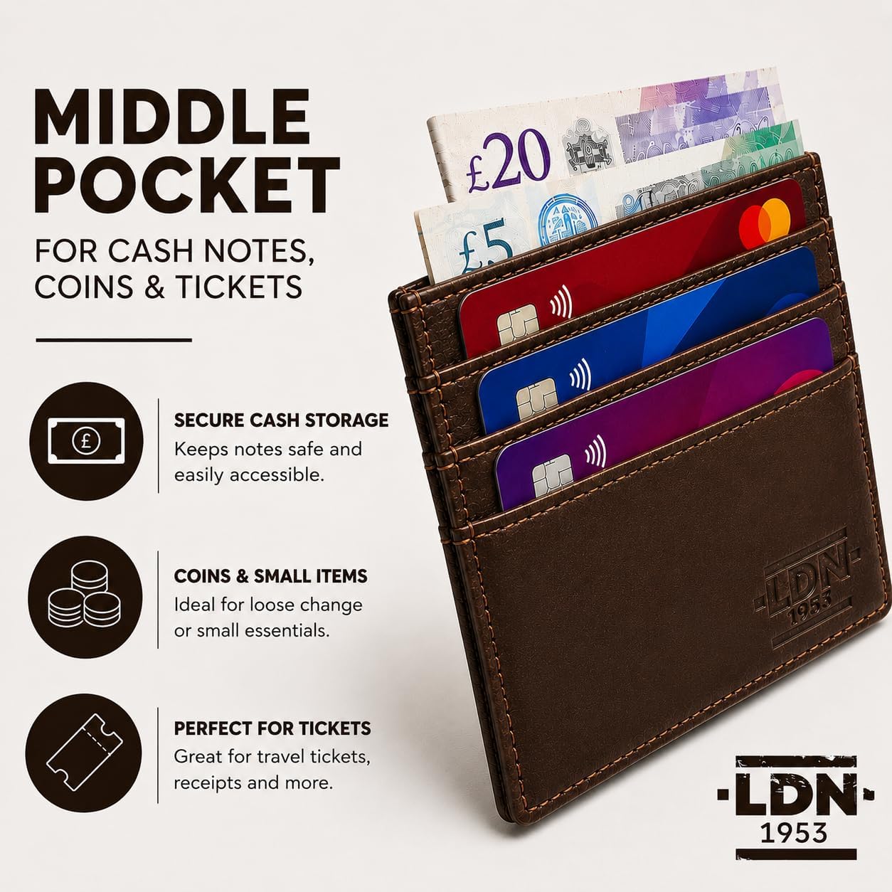 Detalle de LDN 1953 RFID Card Holder Wallet for Men – Ultra-Slim Cow Martini Leather, Brown