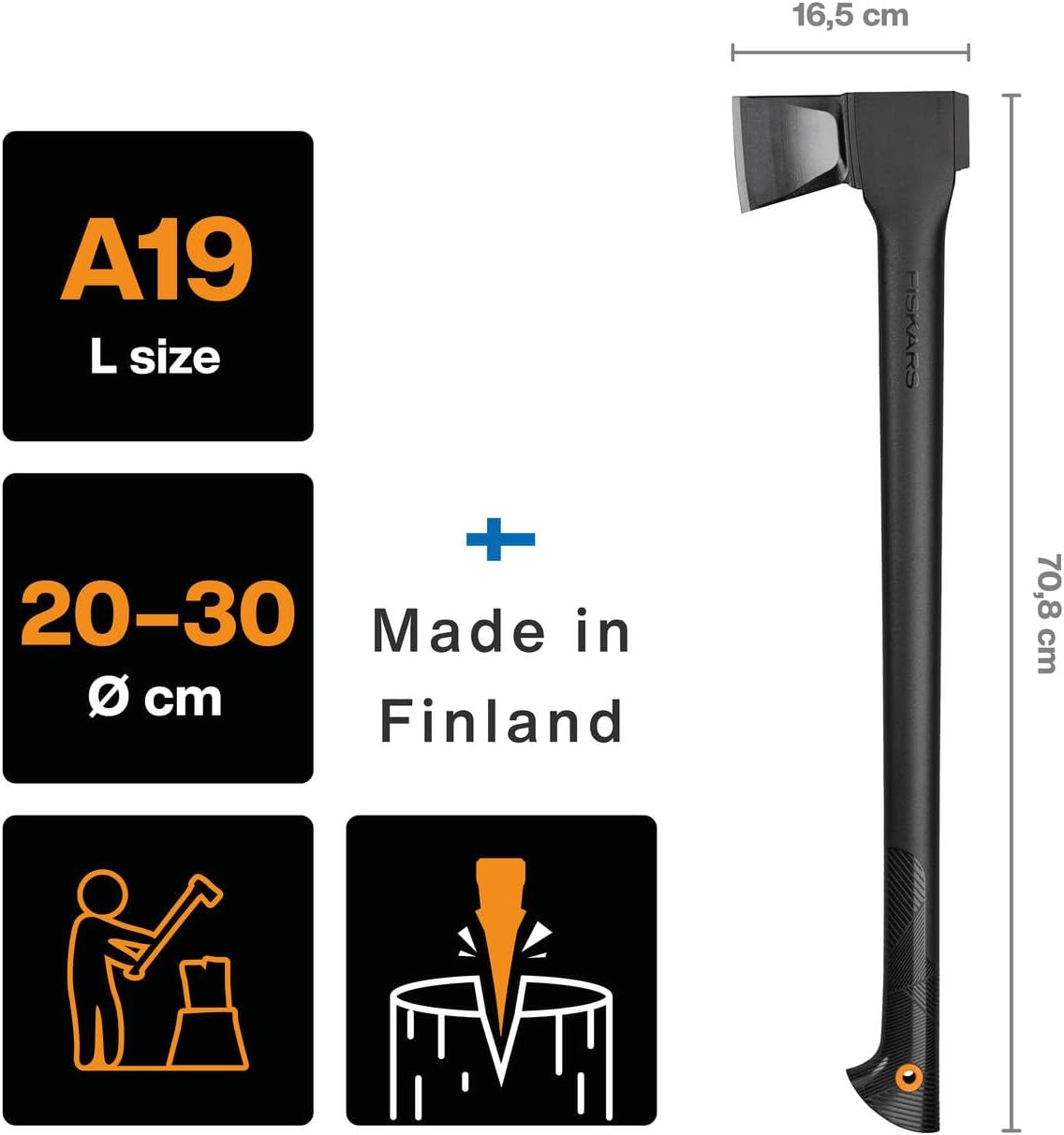Detalle de Fiskars Merlin Solid A19, L — Hache de fendage 65 cm (1,6 kg) avec étui et revêtement antiadhésif