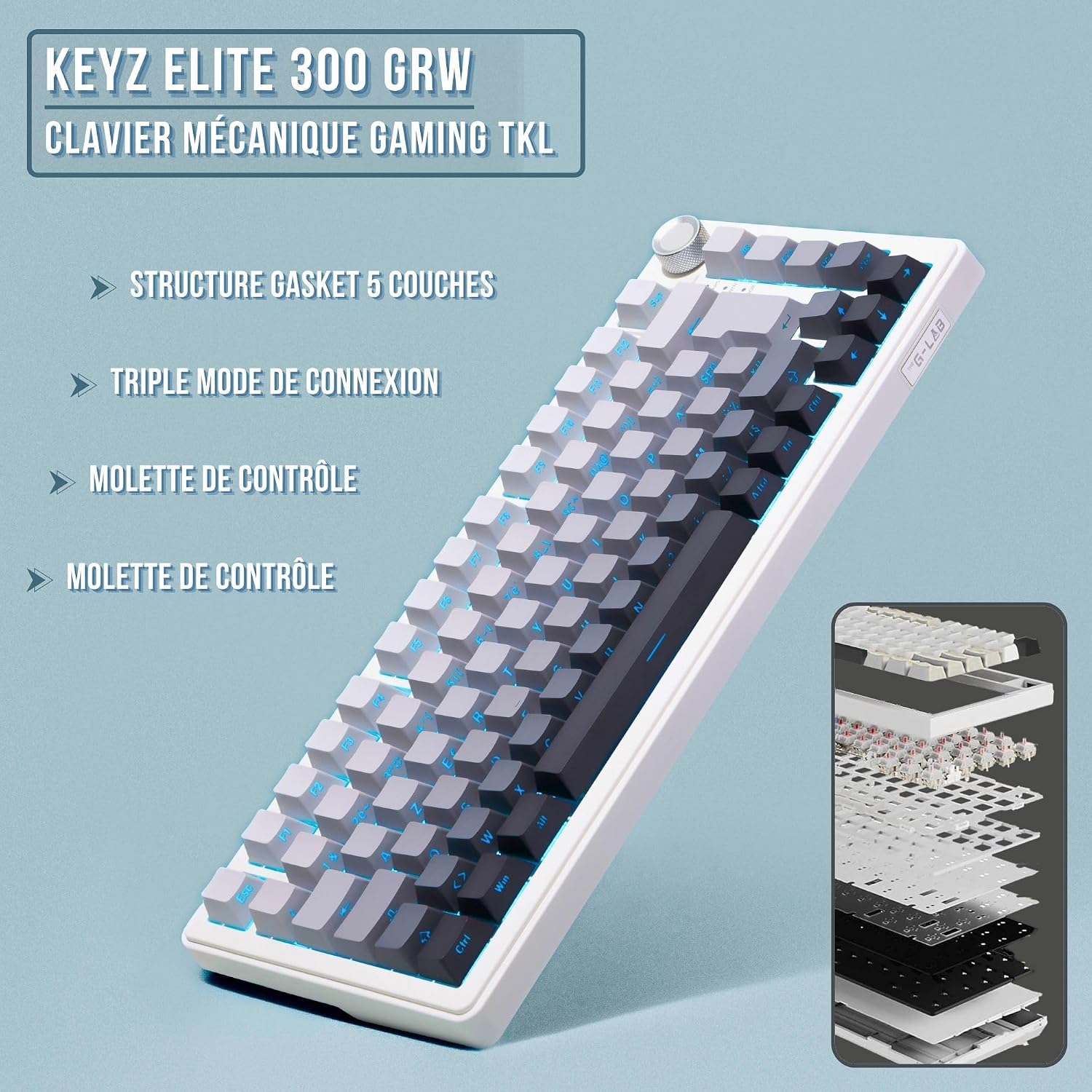 Detalle de THE G-LAB KEYZELITE300GRW – klawiatura mechaniczna AZERTY, tri-mode, hot-swap