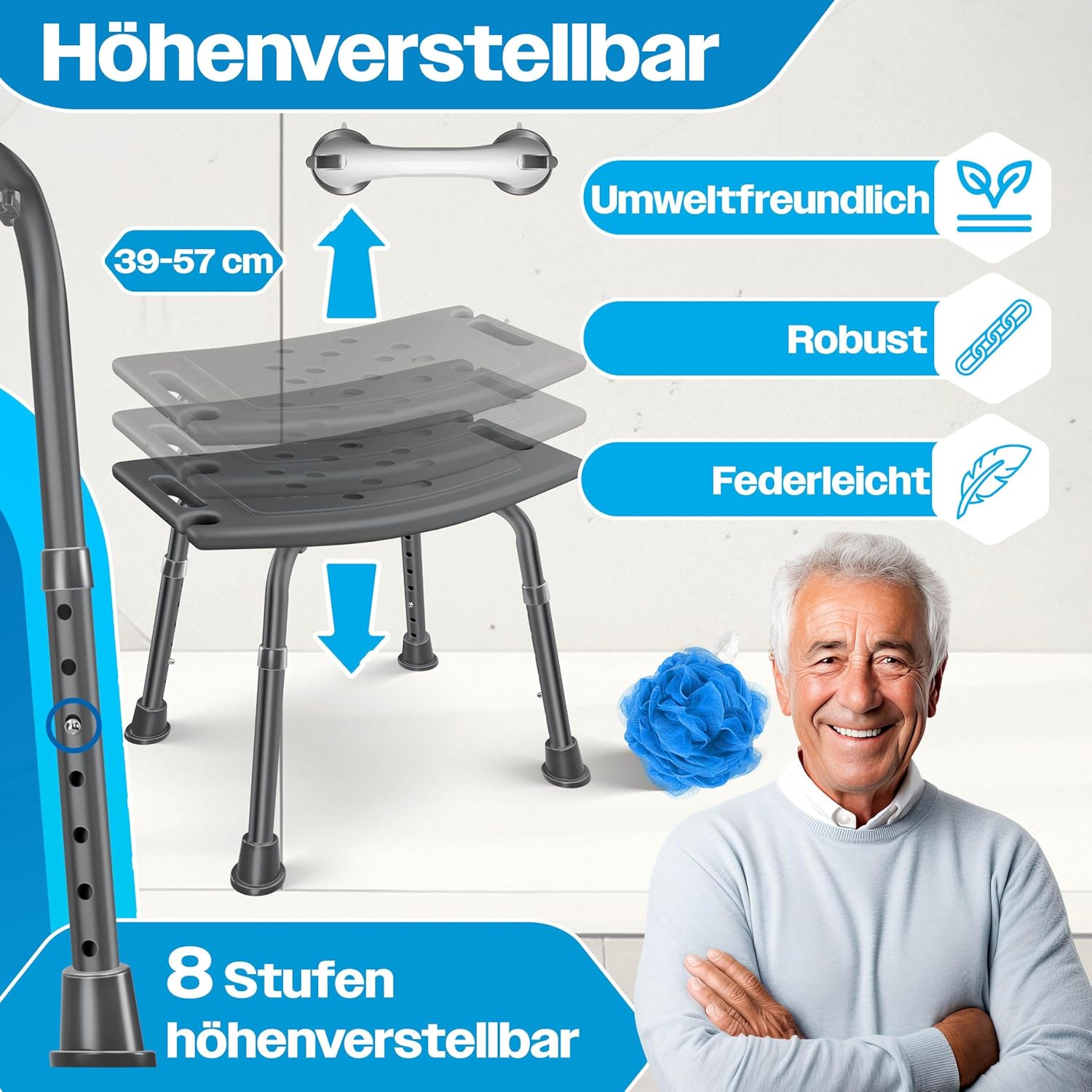 Thumbnail 2 de KESSER® Duschhocker höhenverstellbar – sicherer, leichter Badhocker mit Anti-Rutsch‑Features