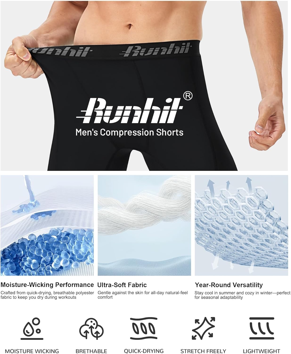 Thumbnail 4 de Runhit 1 or 2 Pack Compression Shorts for Men – Moisture-Wicking Base Layer
