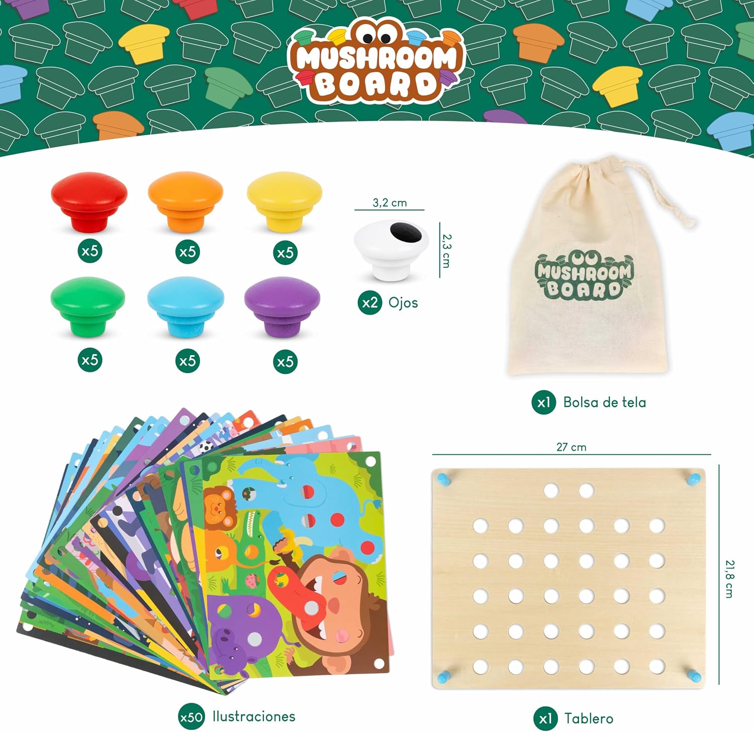 Thumbnail 1 de BONNYCO Puzzle de Madera con 50 Plantillas, 32 Botones y Bolsa de Algodón